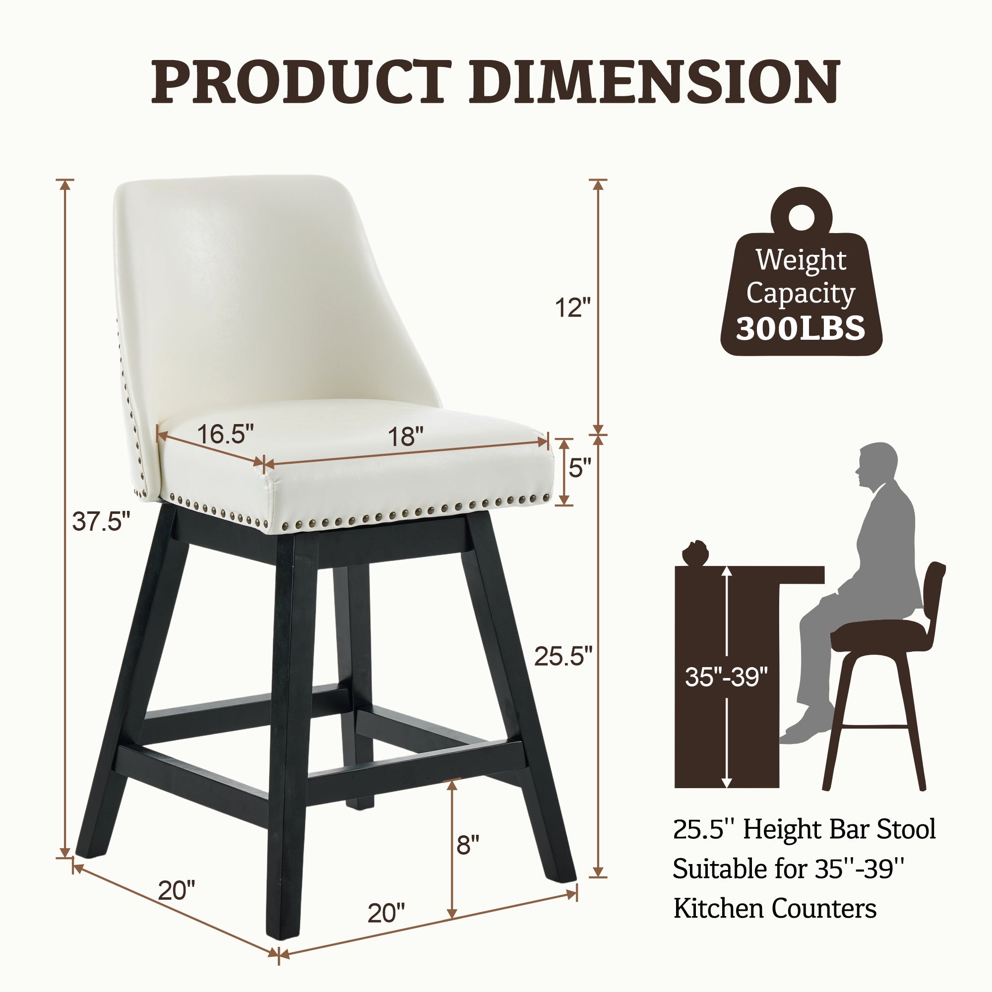 Drlovely Modern 360° Swivel Bar Stools with Faux Leather Upholstery