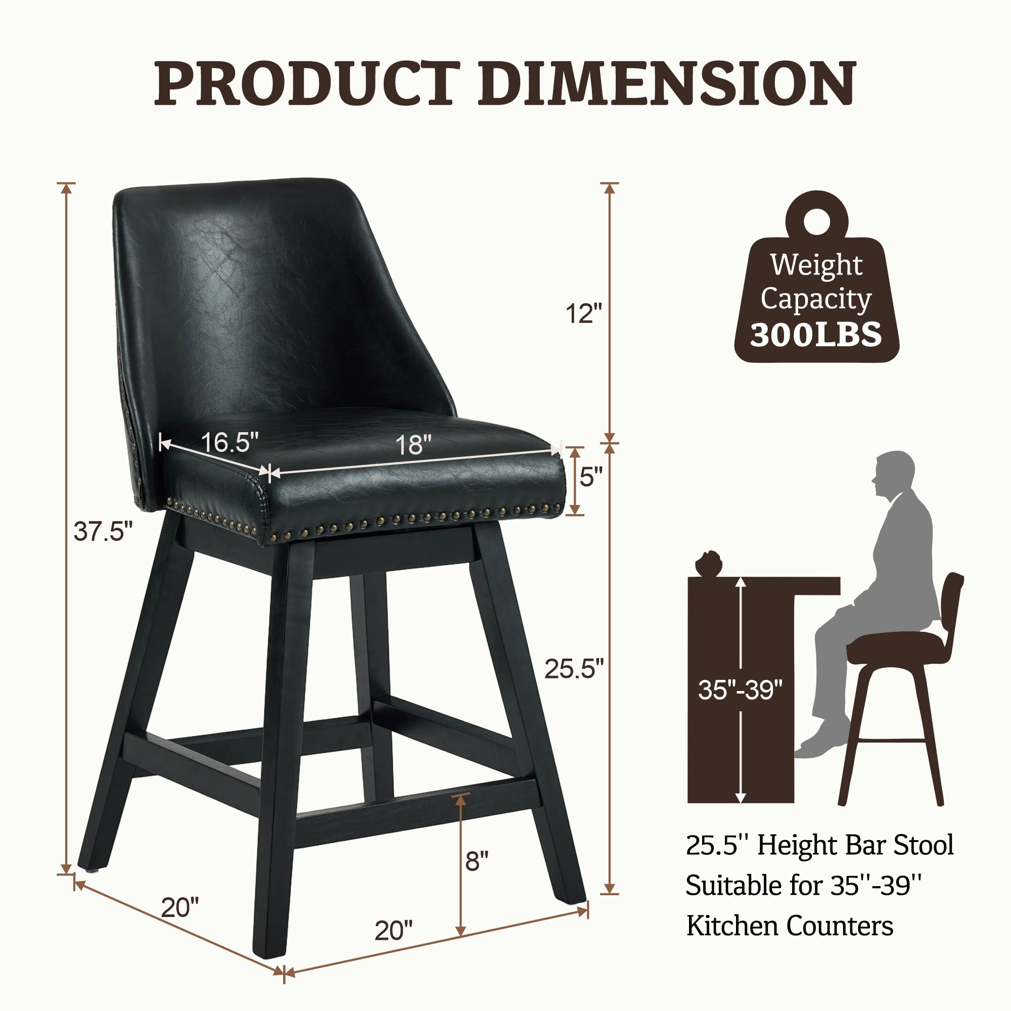 Drlovely Modern 360° Swivel Bar Stools with Faux Leather Upholstery