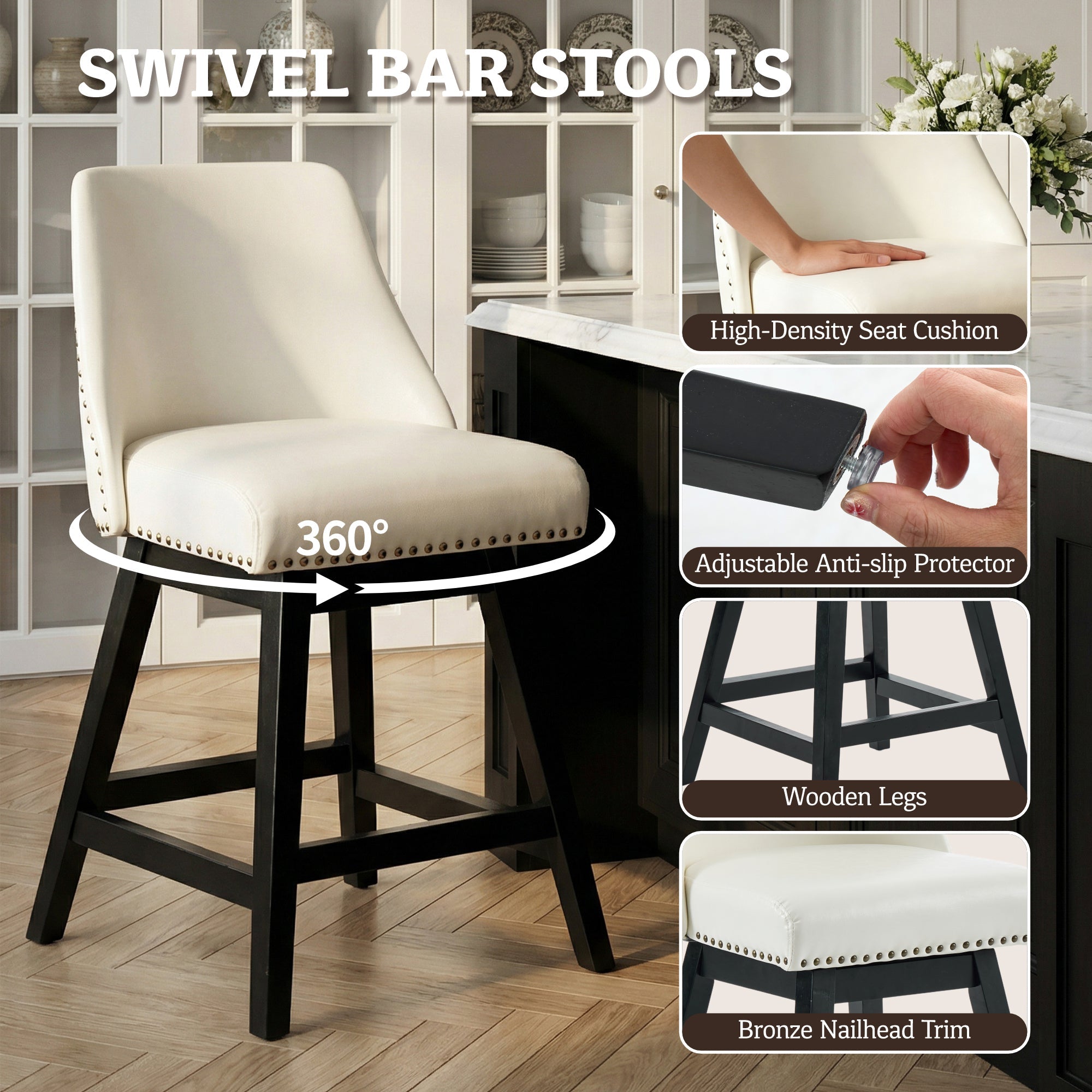 Drlovely Modern 360° Swivel Bar Stools with Faux Leather Upholstery