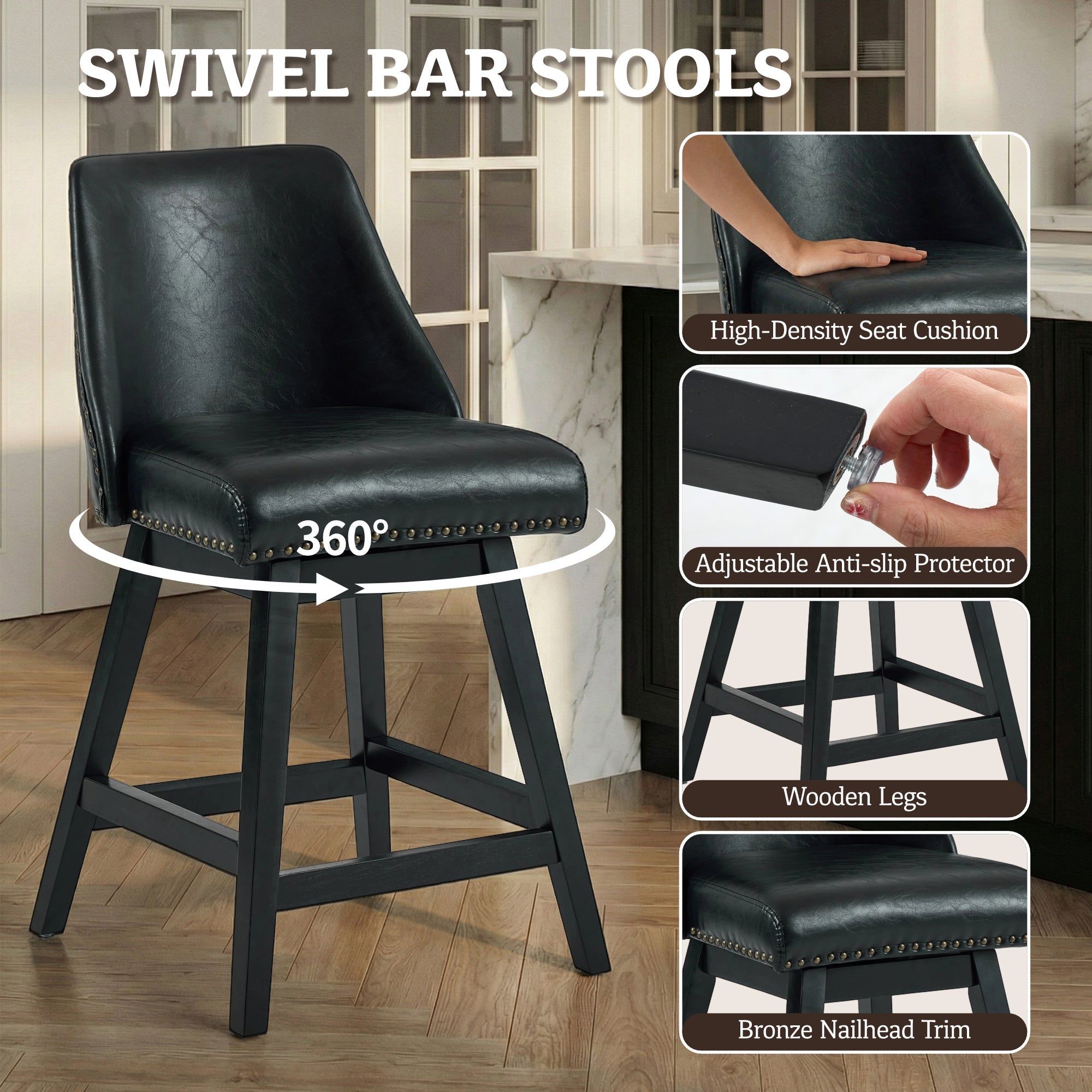 Drlovely Modern 360° Swivel Bar Stools with Faux Leather Upholstery