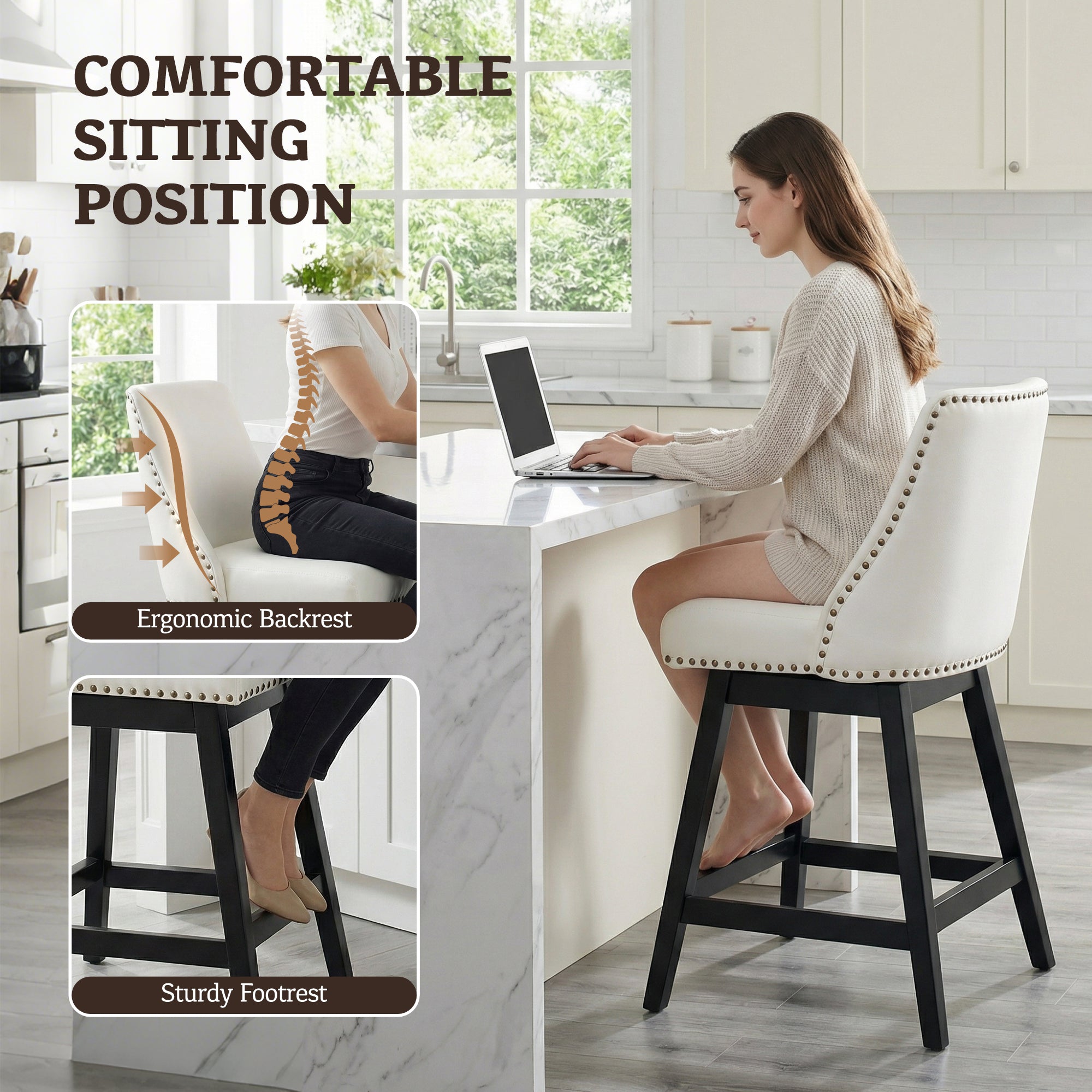 Drlovely Modern 360° Swivel Bar Stools with Faux Leather Upholstery
