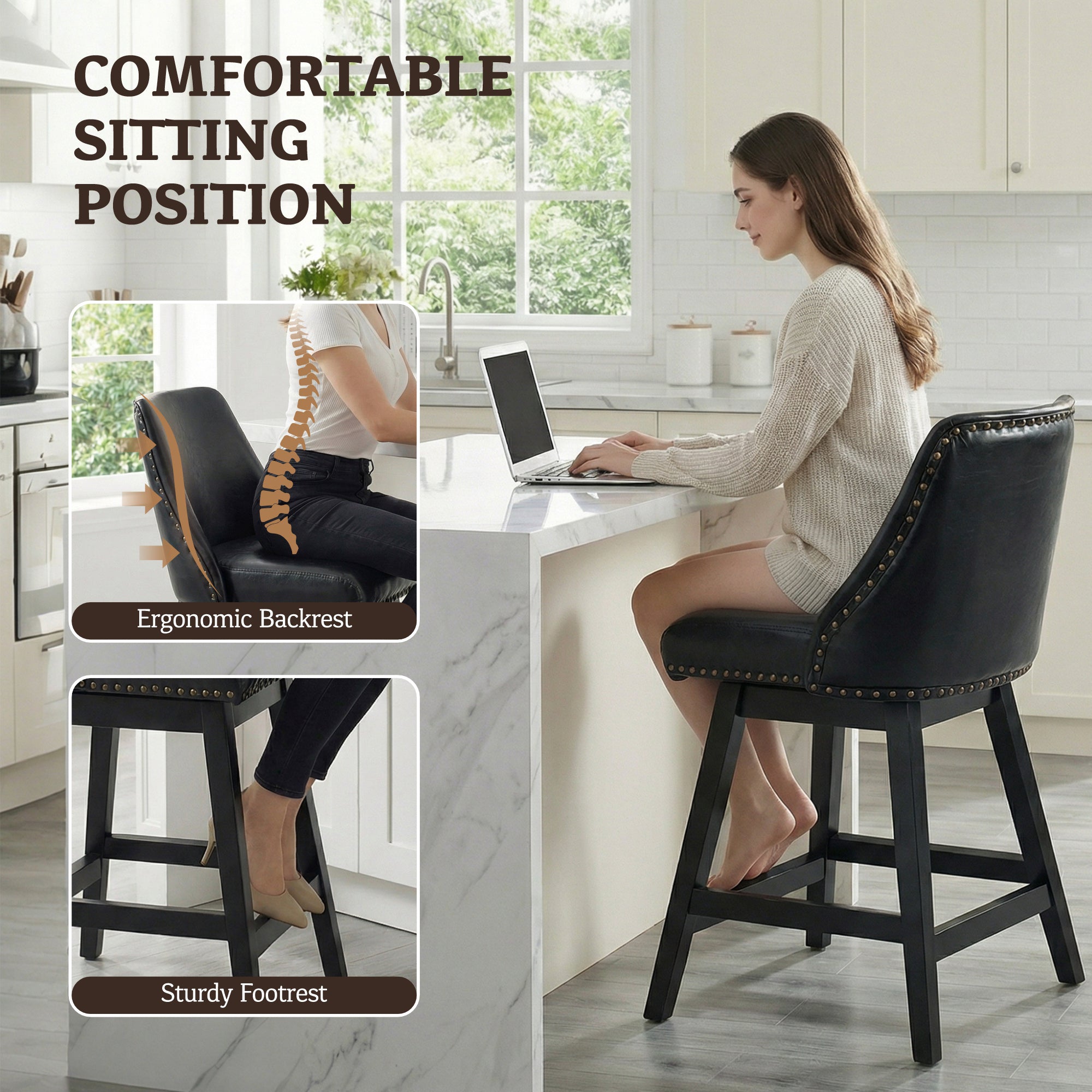 Drlovely Modern 360° Swivel Bar Stools with Faux Leather Upholstery