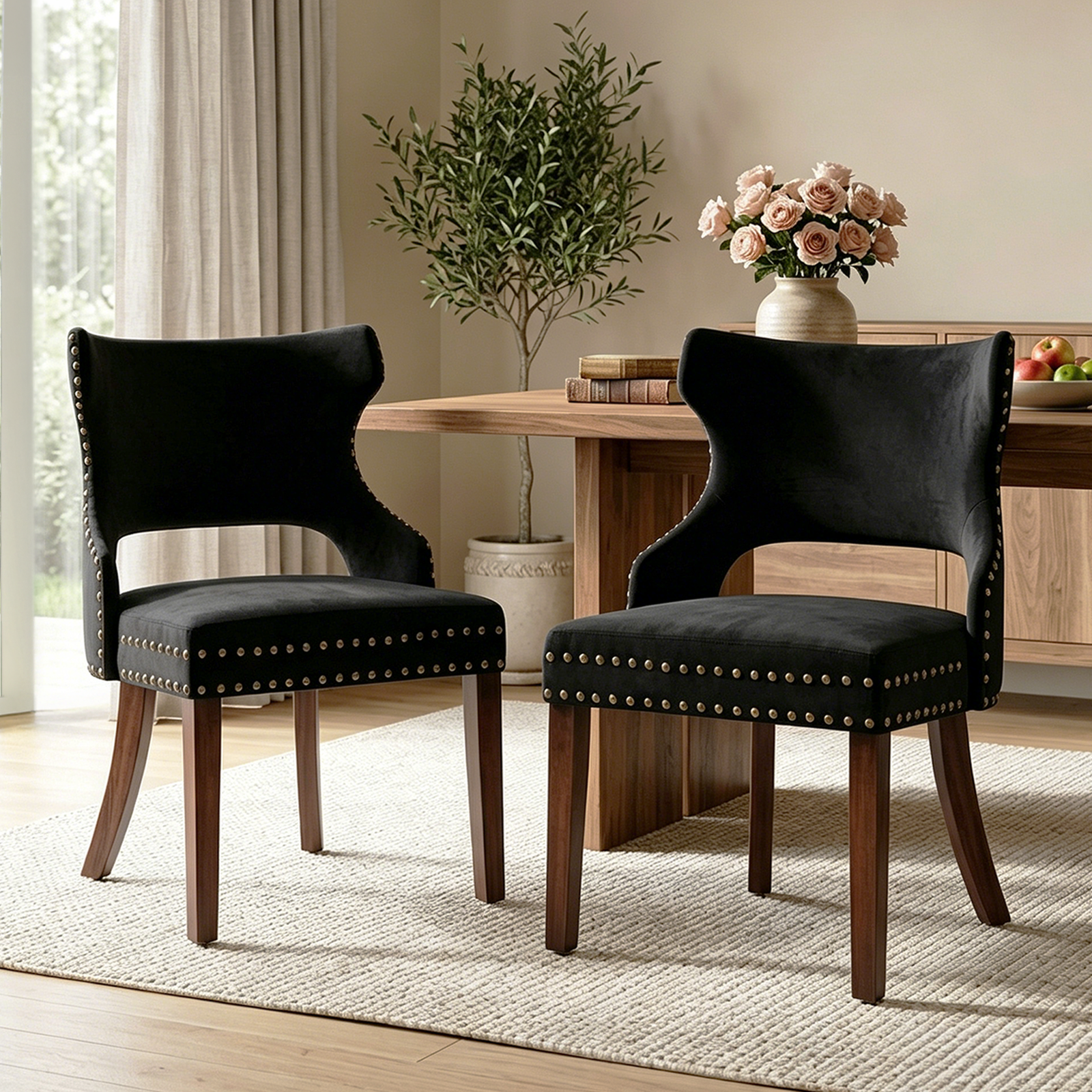 Drlovely Mid-Century Modern Upholstered Dining Chairs with Rubberwood Legs & Nailhead Trim