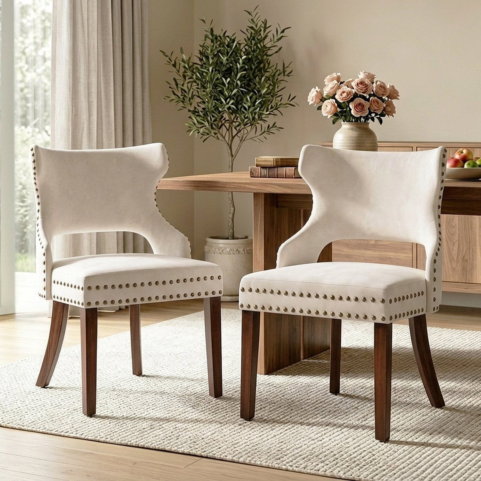 Drlovely Mid-Century Modern Upholstered Dining Chairs with Rubberwood Legs & Nailhead Trim