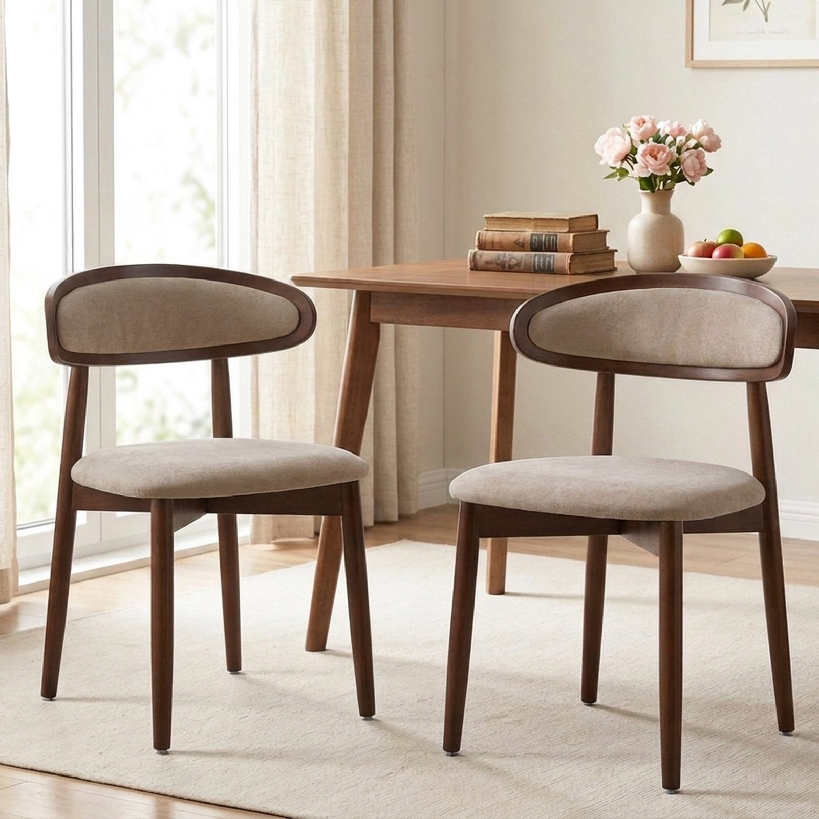 Drlovely Mid-Century Oval Back Side Chair Dining Chairs with Chenille Fabric & Rubberwood Legs