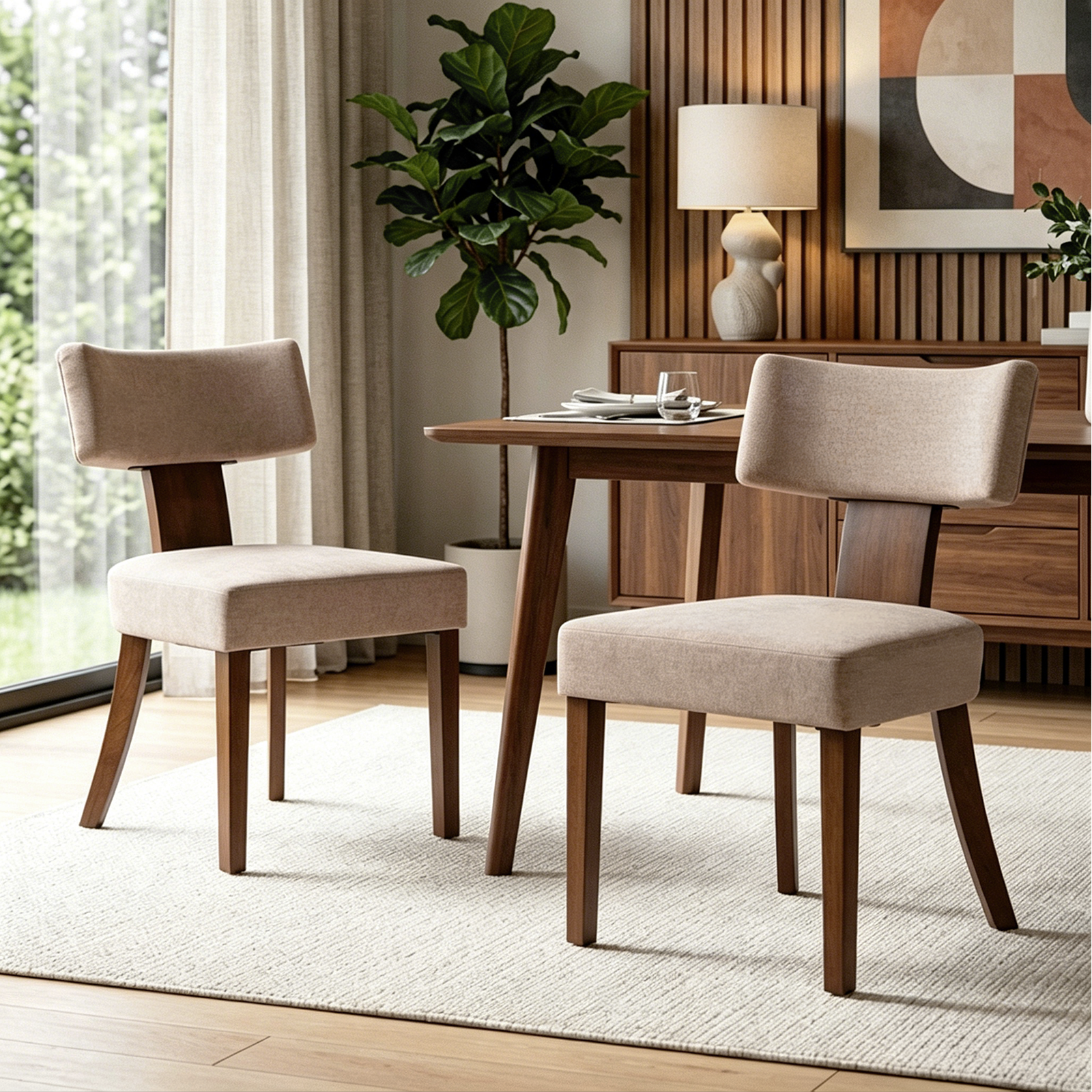 Drlovely Minimalist Chenille Dining Chairs with Rubberwood Legs & T-Back Design