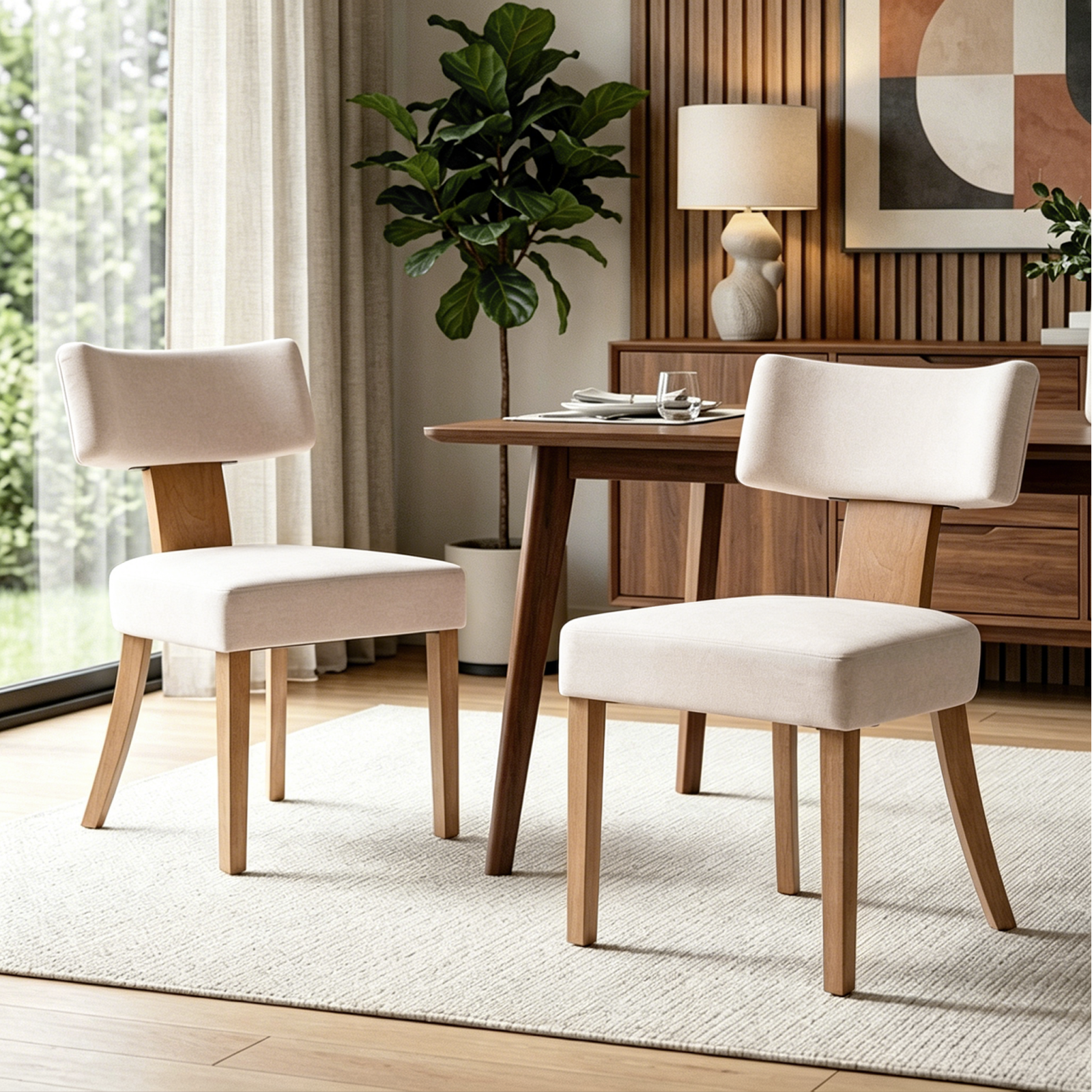 Drlovely Minimalist Chenille Dining Chairs with Rubberwood Legs & T-Back Design