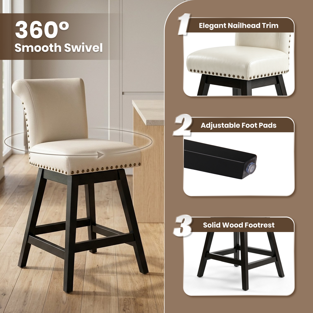 Drlovely Vintage Wingback Swivel Bar Stools with Nailhead Trim & Solid Wood Legs