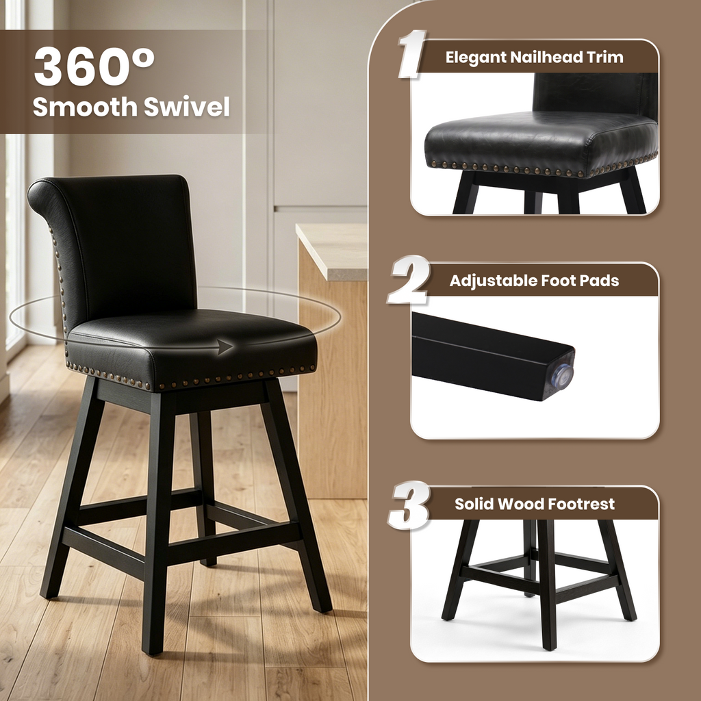 Drlovely Vintage Wingback Swivel Bar Stools with Nailhead Trim & Solid Wood Legs