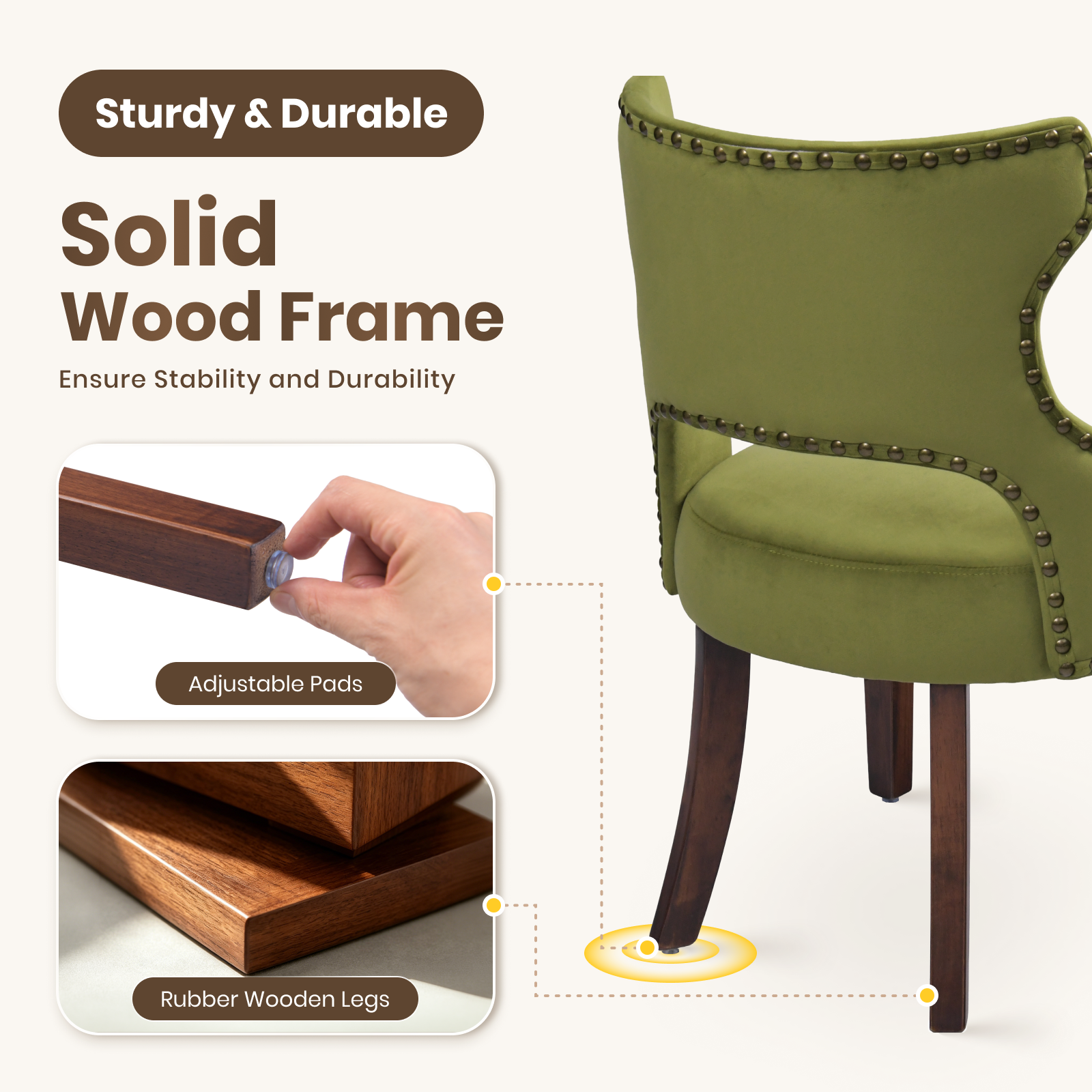 Drlovely Mid-Century Modern Upholstered Dining Chairs with Rubberwood Legs & Nailhead Trim