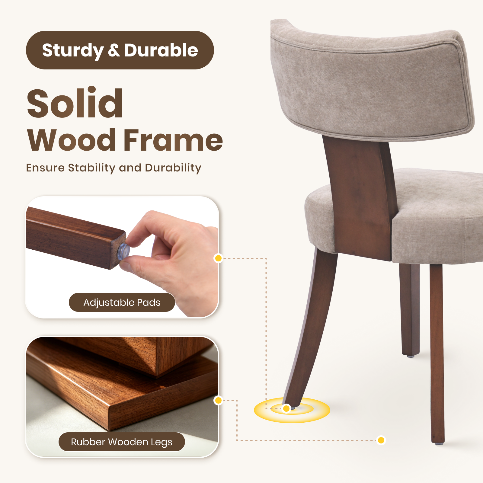 Drlovely Minimalist Chenille Dining Chairs with Rubberwood Legs & T-Back Design