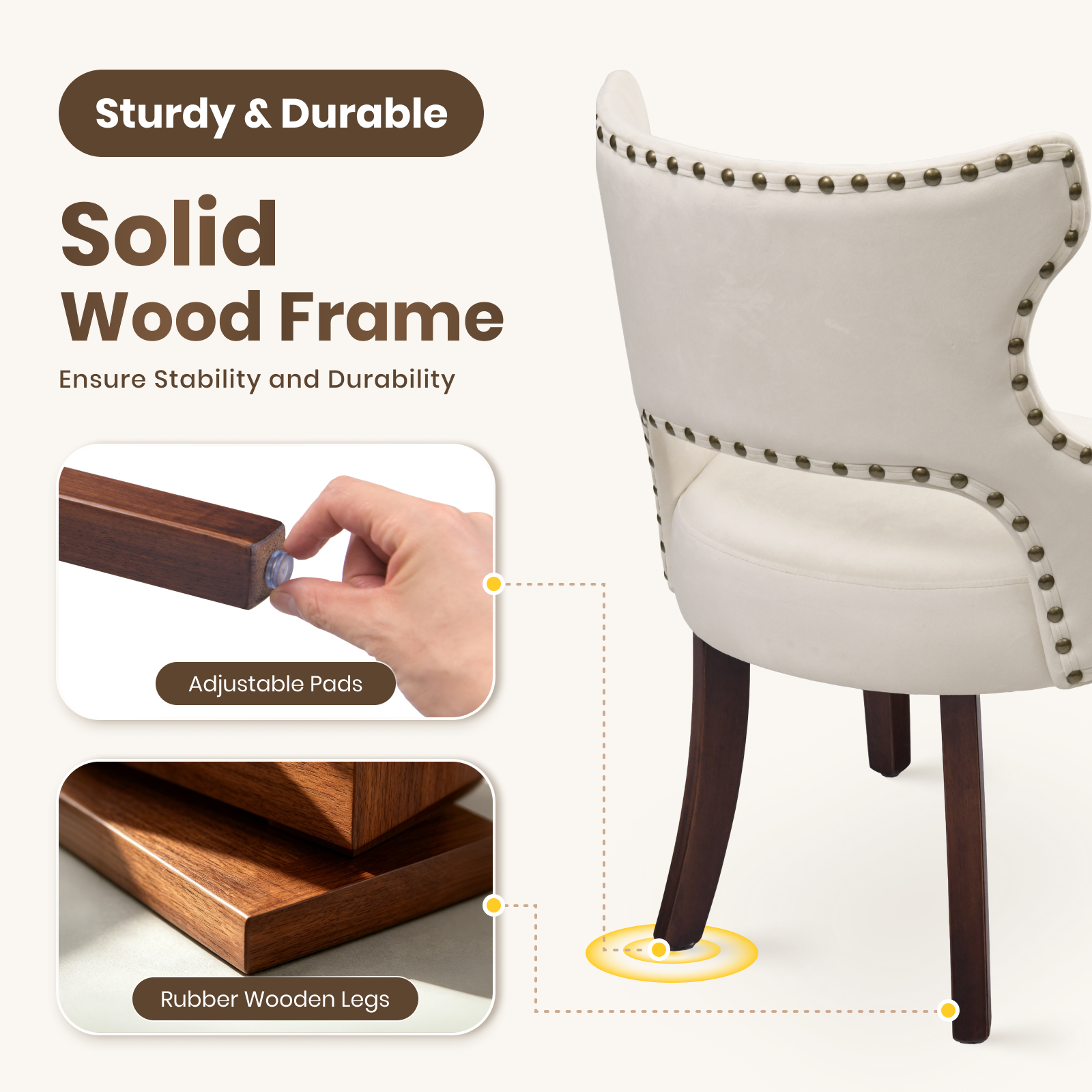 Drlovely Mid-Century Modern Upholstered Dining Chairs with Rubberwood Legs & Nailhead Trim