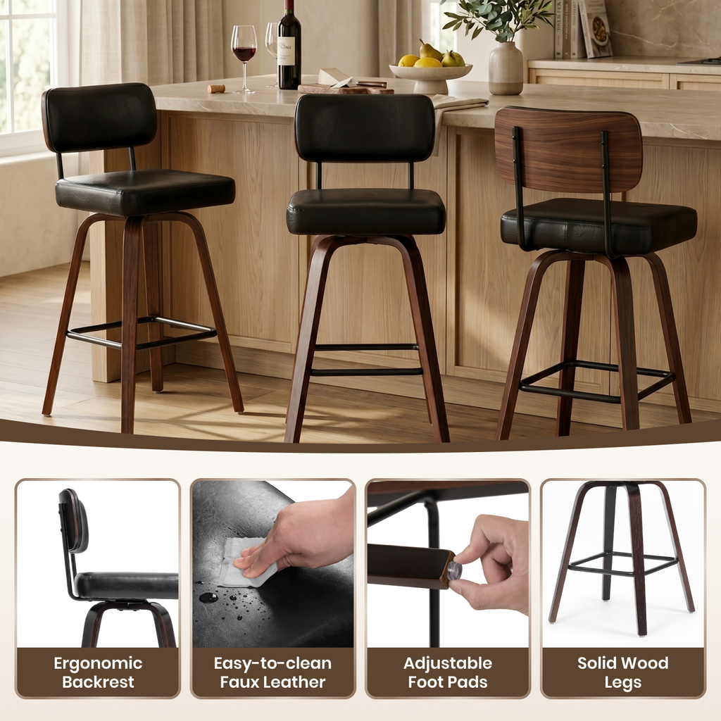 Drlovely Modern PU Swivel Bar Stools with Solid Wood Legs & Ergonomic Backrest