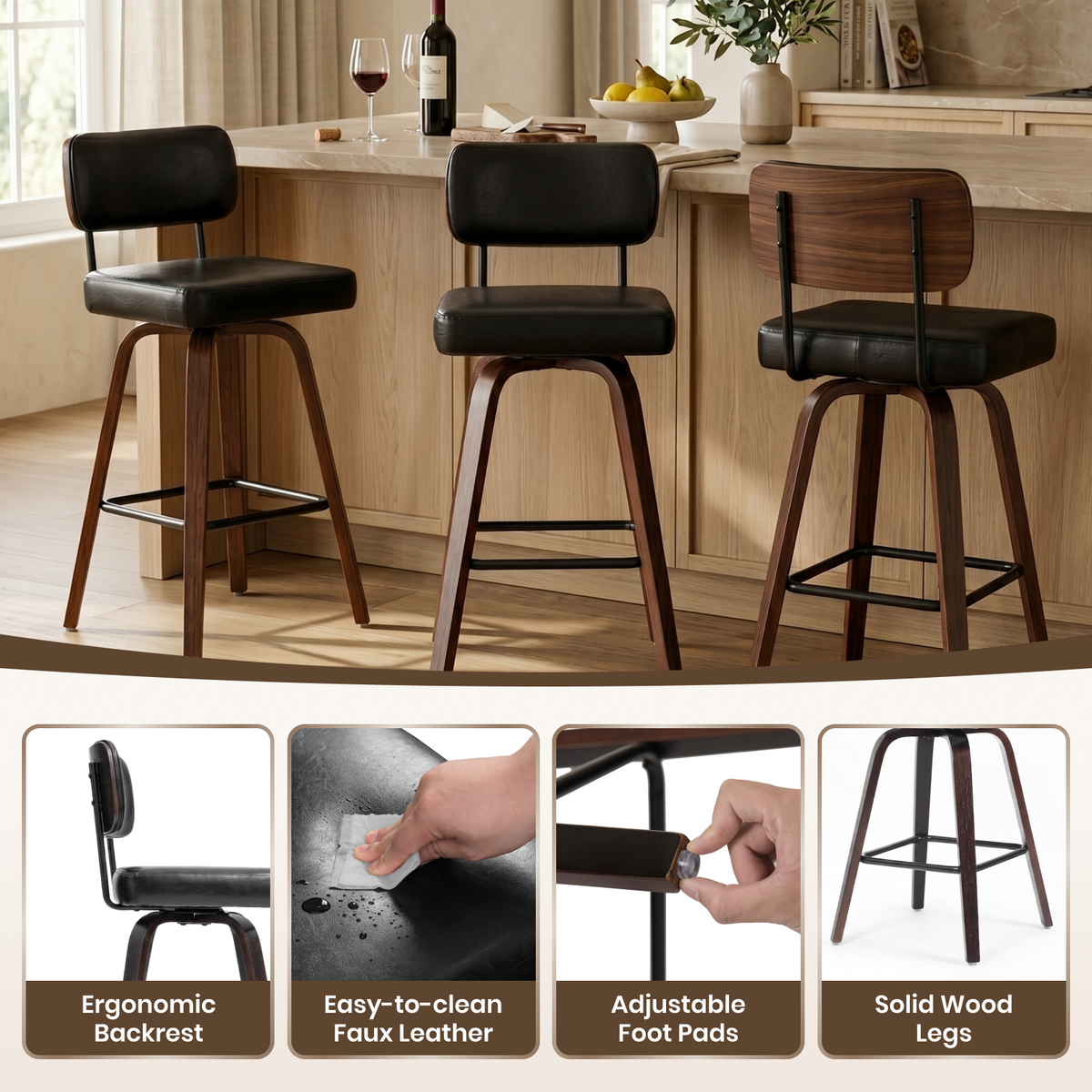 Drlovely Modern PU Swivel Bar Stools with Solid Wood Legs & Ergonomic Backrest