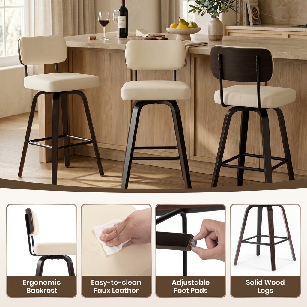 Drlovely Modern PU Swivel Bar Stools with Solid Wood Legs & Ergonomic Backrest
