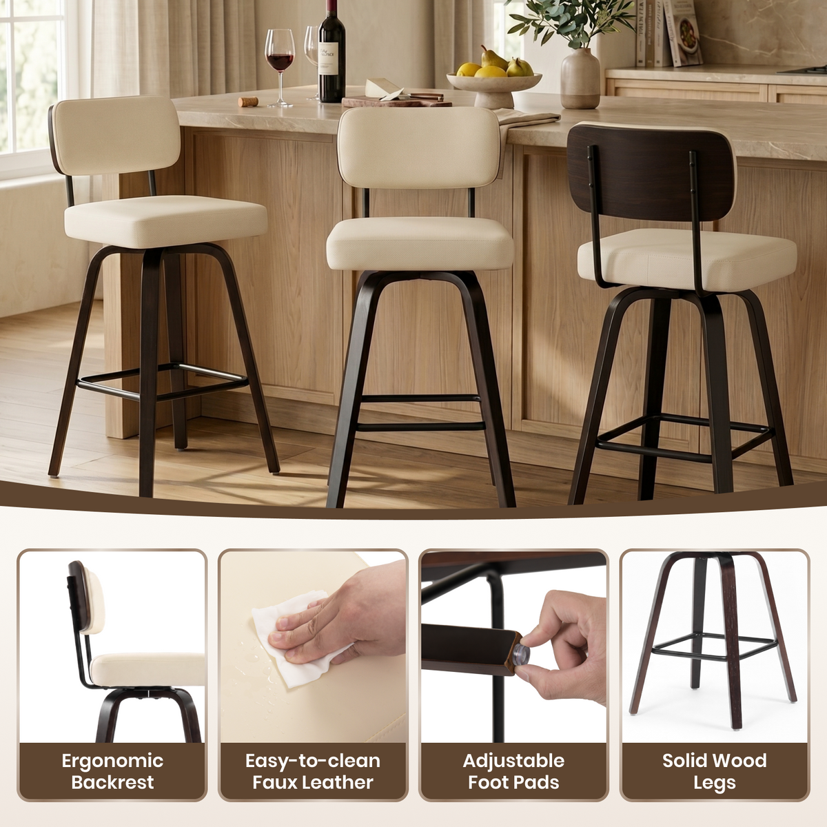 Drlovely Modern PU Swivel Bar Stools with Solid Wood Legs & Ergonomic Backrest