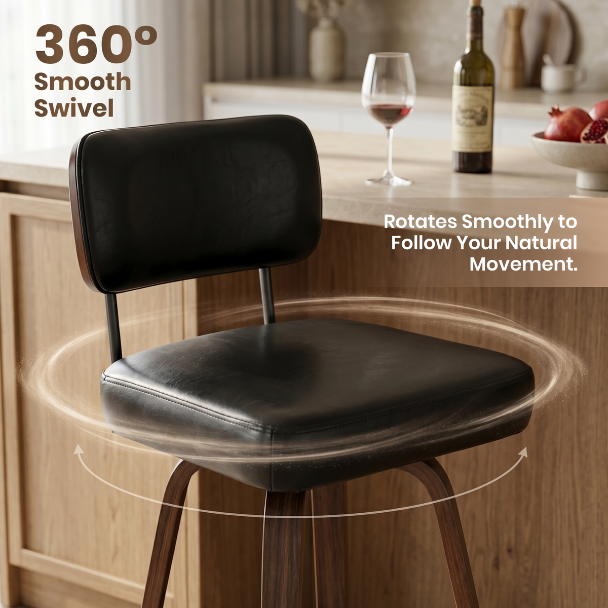 Drlovely Modern PU Swivel Bar Stools with Solid Wood Legs & Ergonomic Backrest