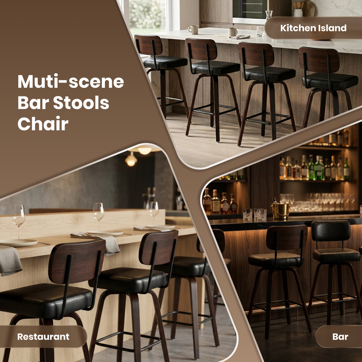 Drlovely Modern PU Swivel Bar Stools with Solid Wood Legs & Ergonomic Backrest