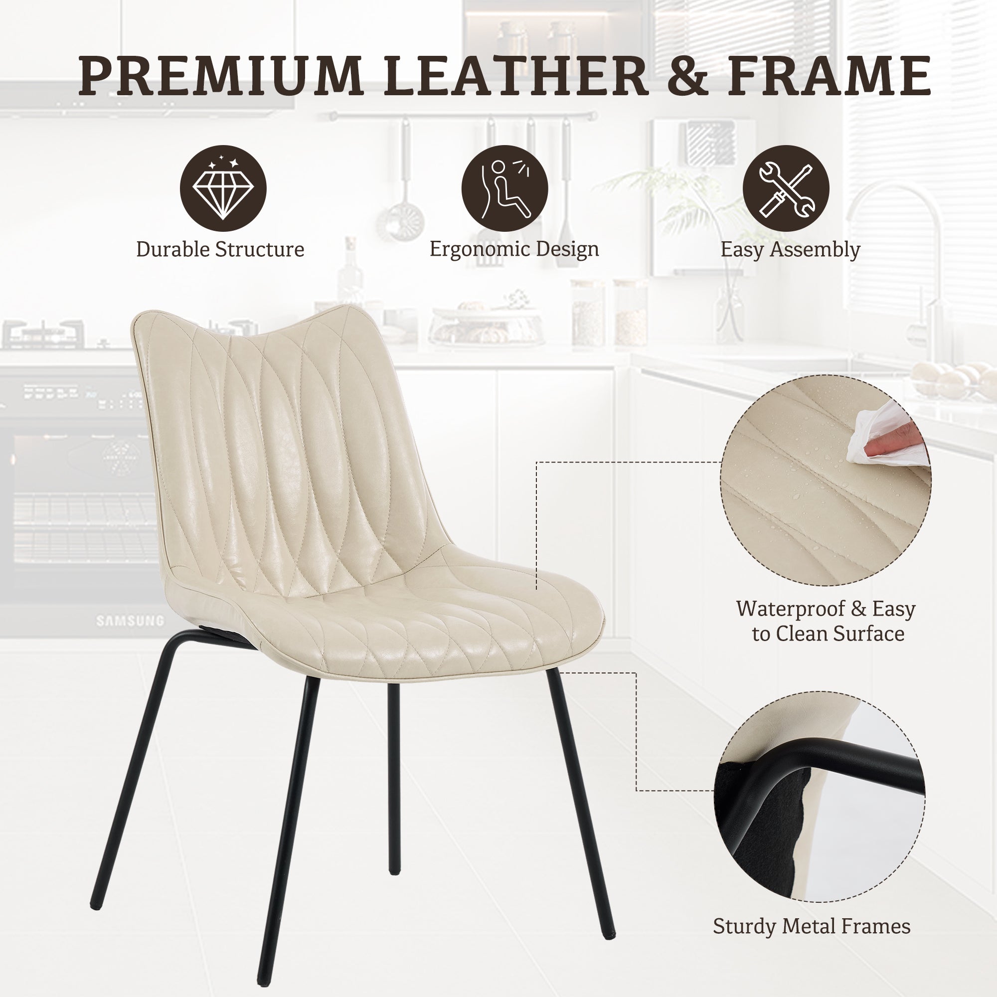 Drlovely Modern PU Leather Dining Chair with Black Iron Legs & Ergonomic Backrest