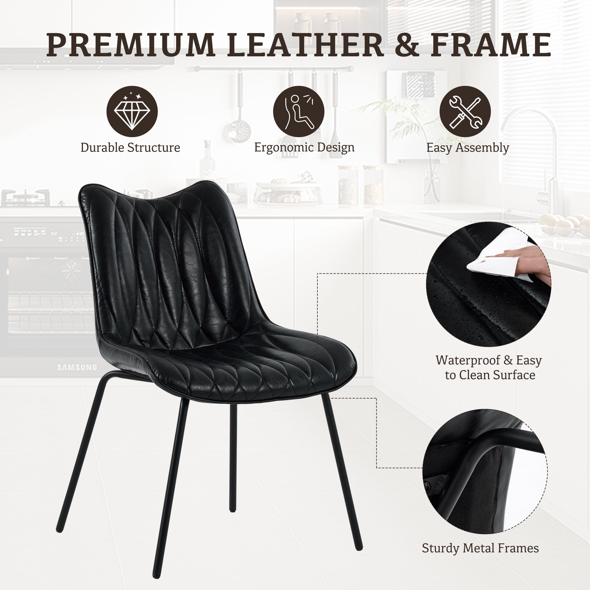 Drlovely Modern PU Leather Dining Chair with Black Iron Legs & Ergonomic Backrest