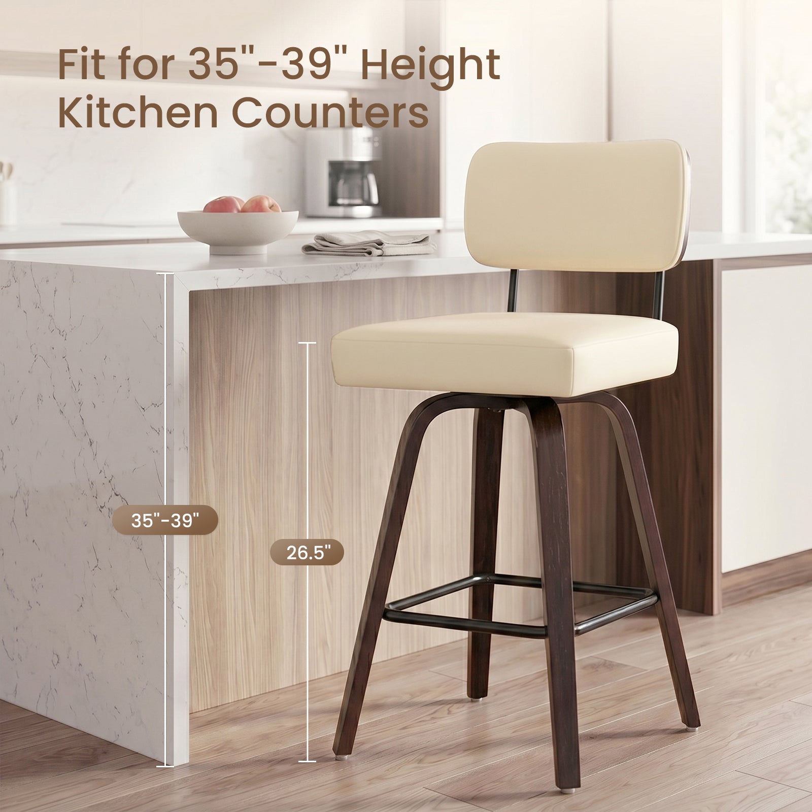 Drlovely Modern PU Swivel Bar Stools with Solid Wood Legs & Ergonomic Backrest