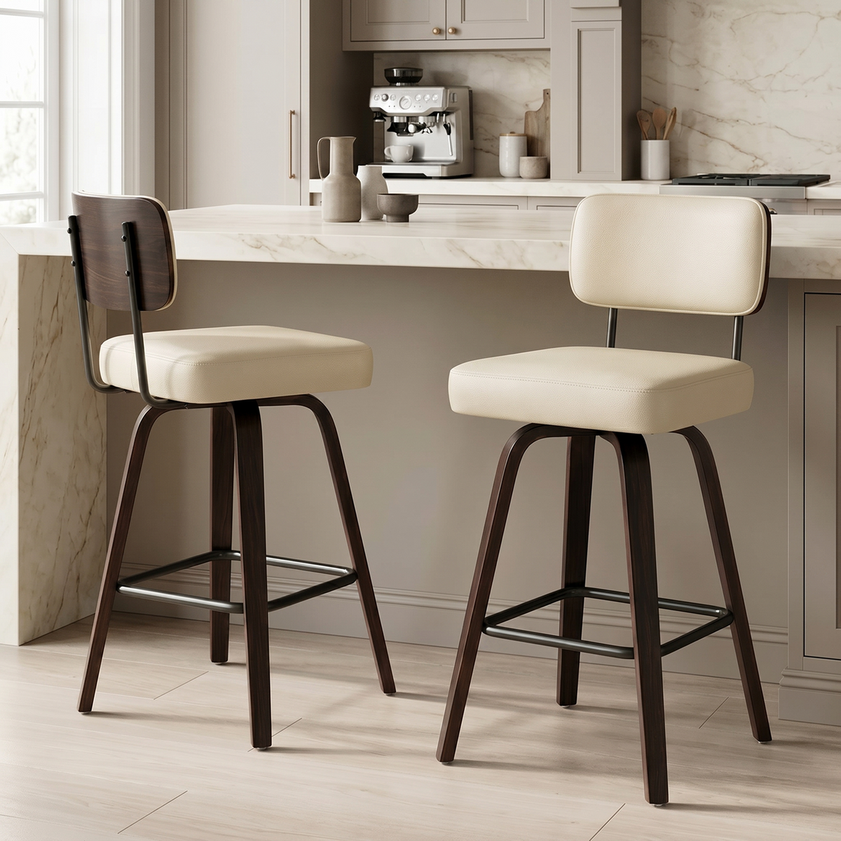 Drlovely Modern PU Swivel Bar Stools with Solid Wood Legs & Ergonomic Backrest
