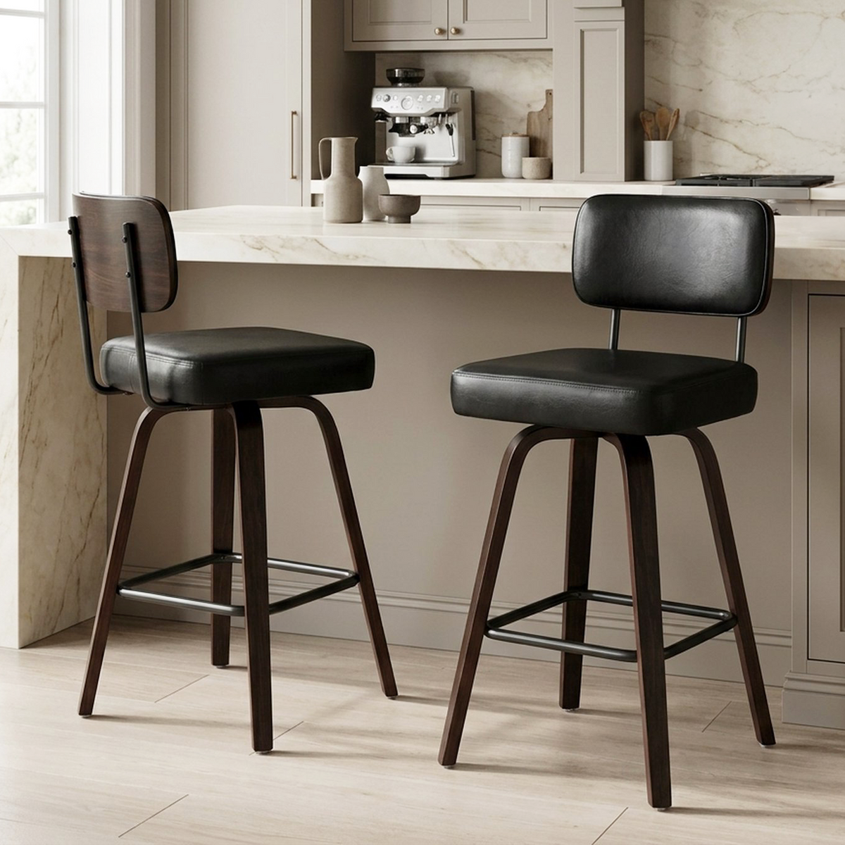 Drlovely Modern PU Swivel Bar Stools with Solid Wood Legs & Ergonomic Backrest