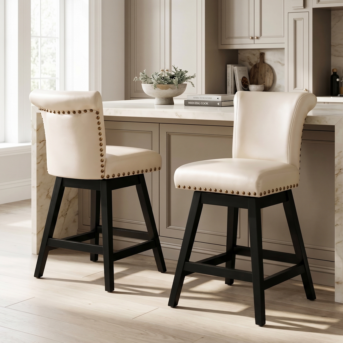 Drlovely Vintage Wingback Swivel Bar Stools with Nailhead Trim & Solid Wood Legs