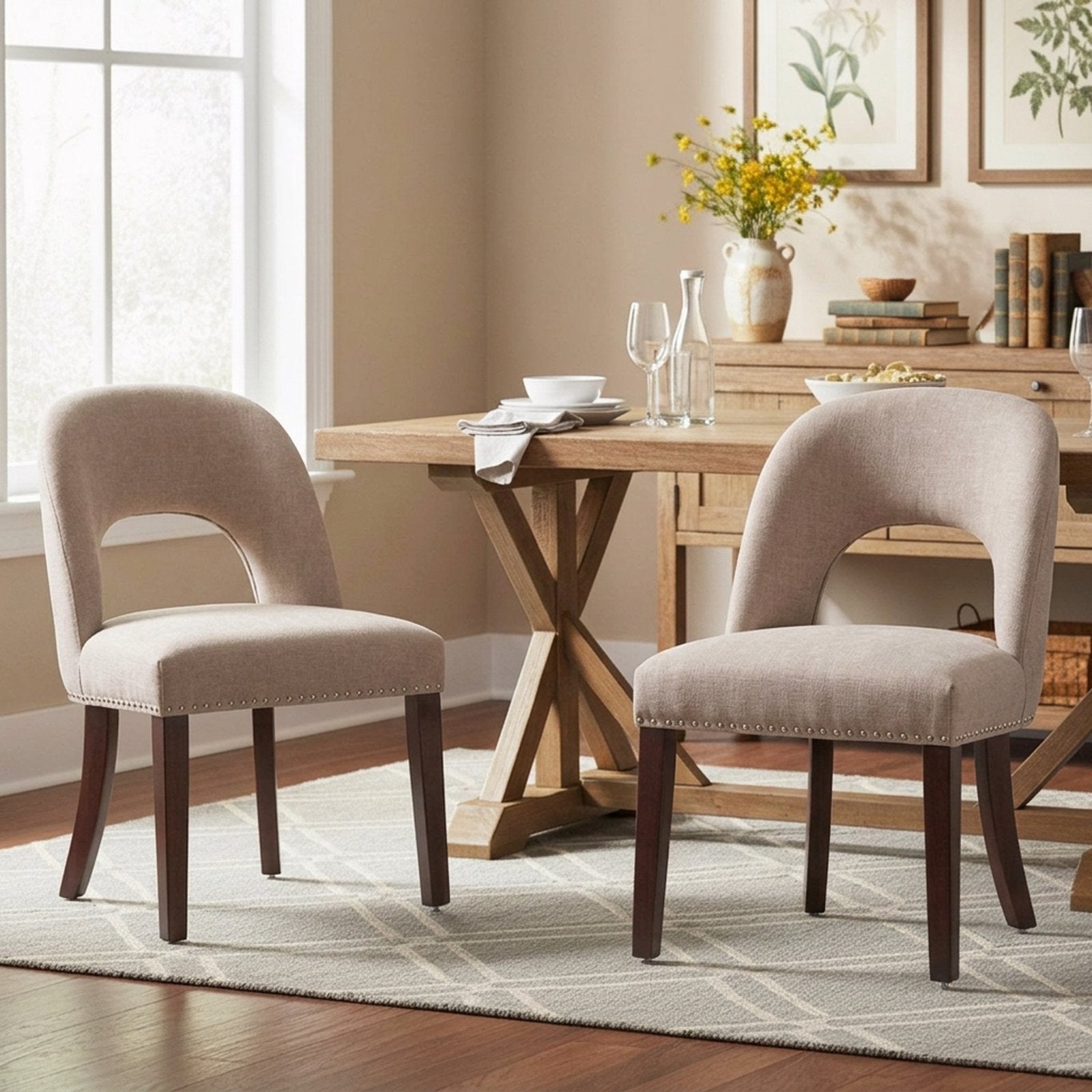Drlovely Farmhouse Hollow Back Dining Chairs with Nailhead Trim & Rubberwood Legs