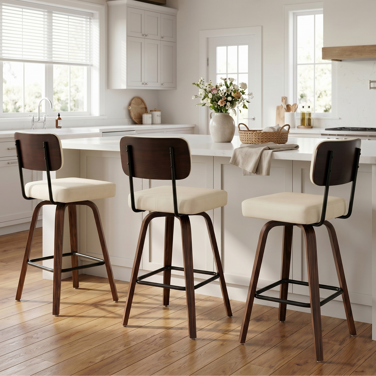 Drlovely Modern PU Swivel Bar Stools with Solid Wood Legs & Ergonomic Backrest