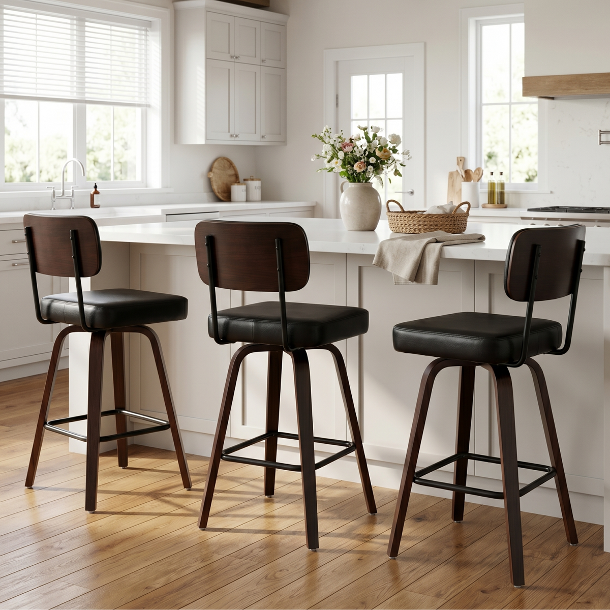 Drlovely Modern PU Swivel Bar Stools with Solid Wood Legs & Ergonomic Backrest
