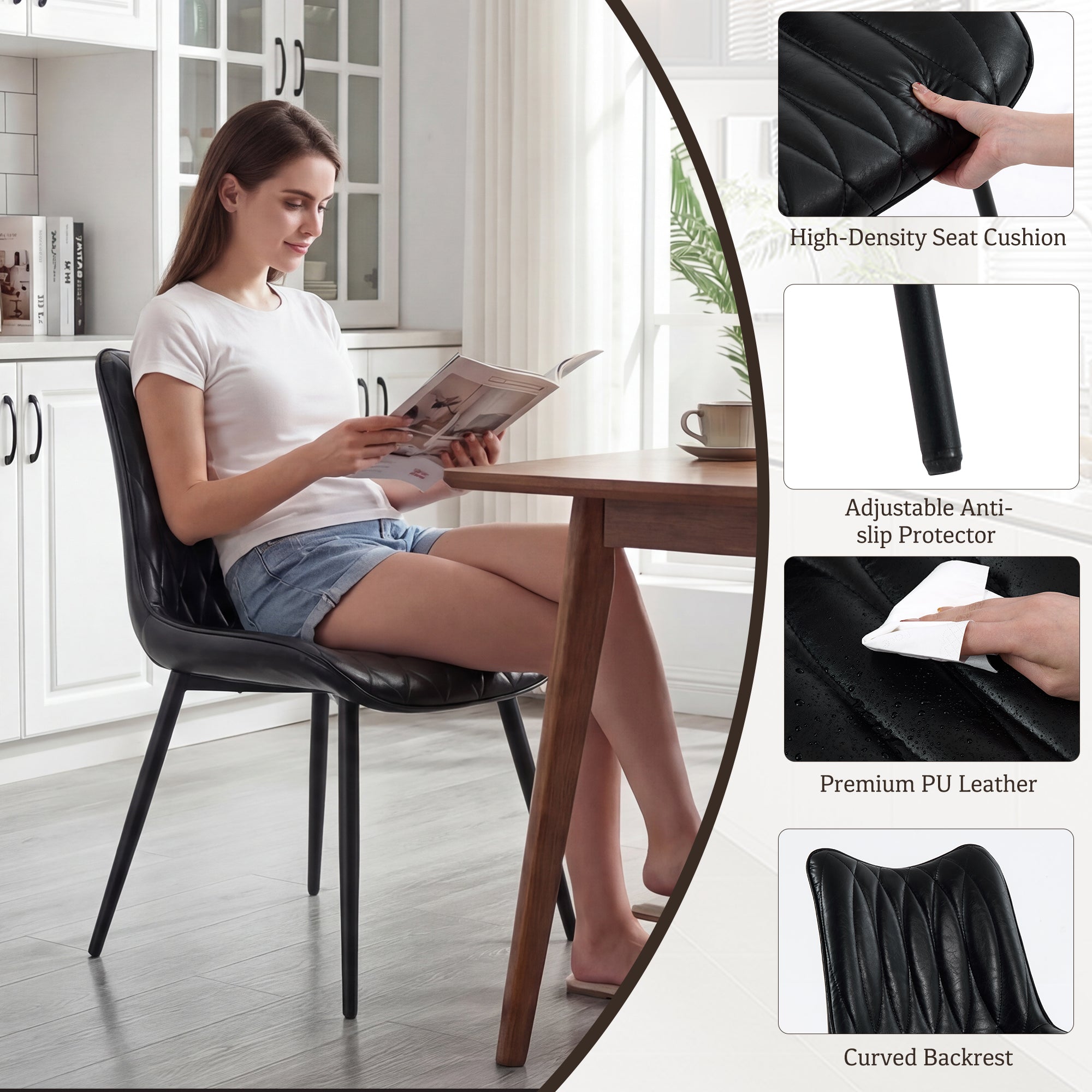 Drlovely Modern PU Leather Dining Chair with Black Iron Legs & Ergonomic Backrest