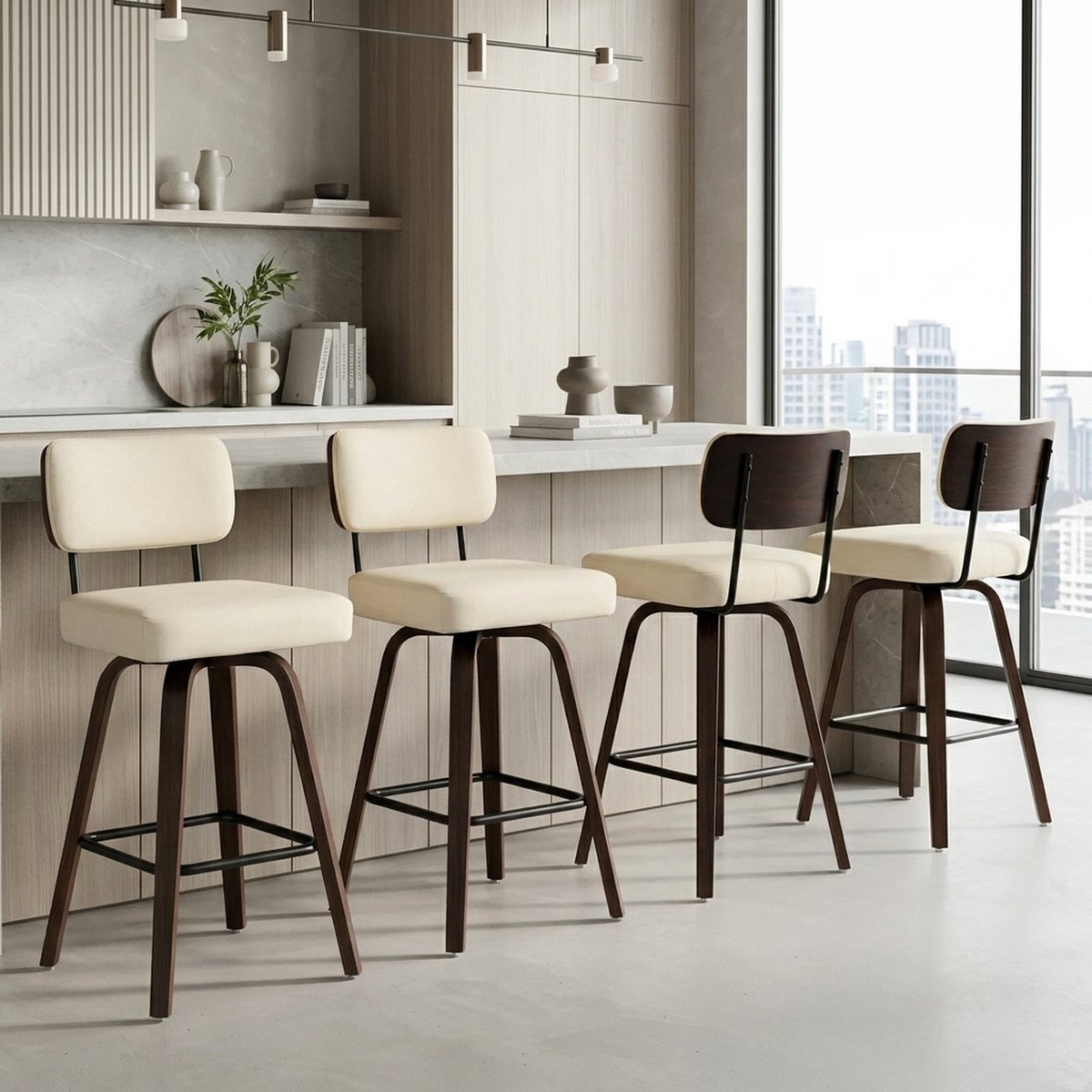 Drlovely Modern PU Swivel Bar Stools with Solid Wood Legs & Ergonomic Backrest