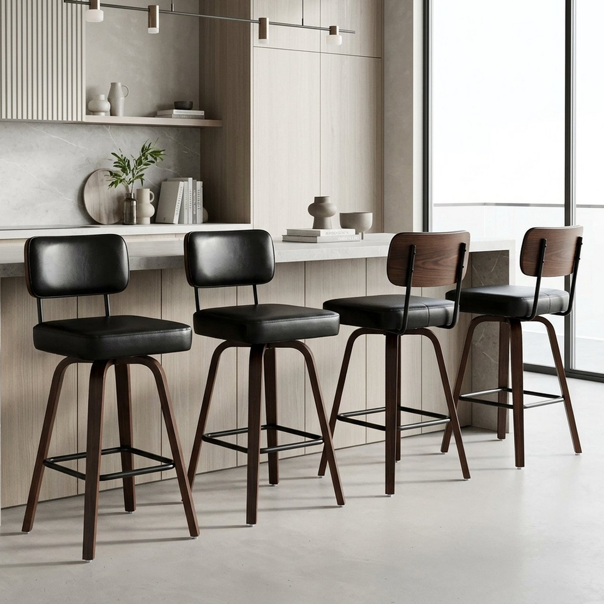 Drlovely Modern PU Swivel Bar Stools with Solid Wood Legs & Ergonomic Backrest