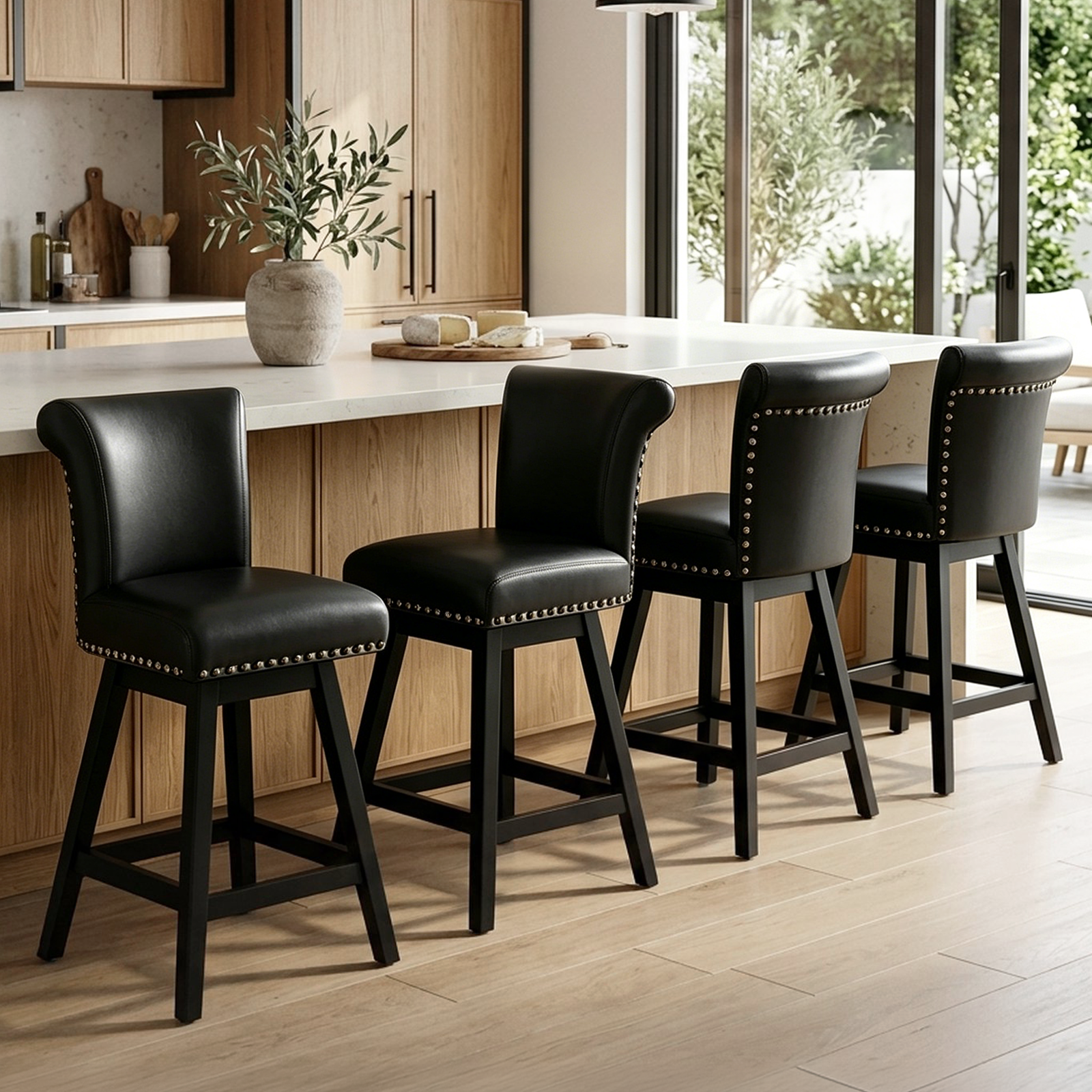 Drlovely Vintage Wingback Swivel Bar Stools with Nailhead Trim & Solid Wood Legs