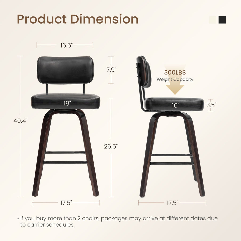 Drlovely Modern PU Swivel Bar Stools with Solid Wood Legs & Ergonomic Backrest