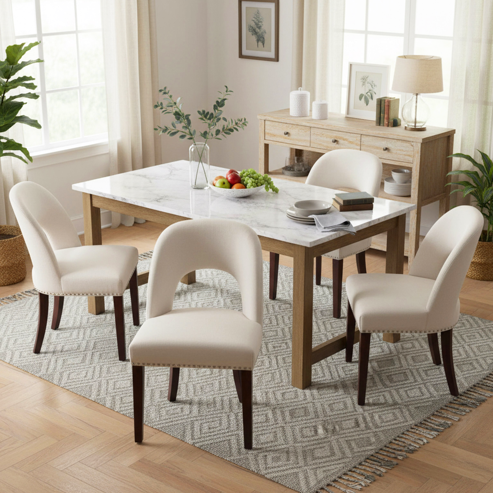 Drlovely Farmhouse Hollow Back Dining Chairs with Nailhead Trim & Rubberwood Legs