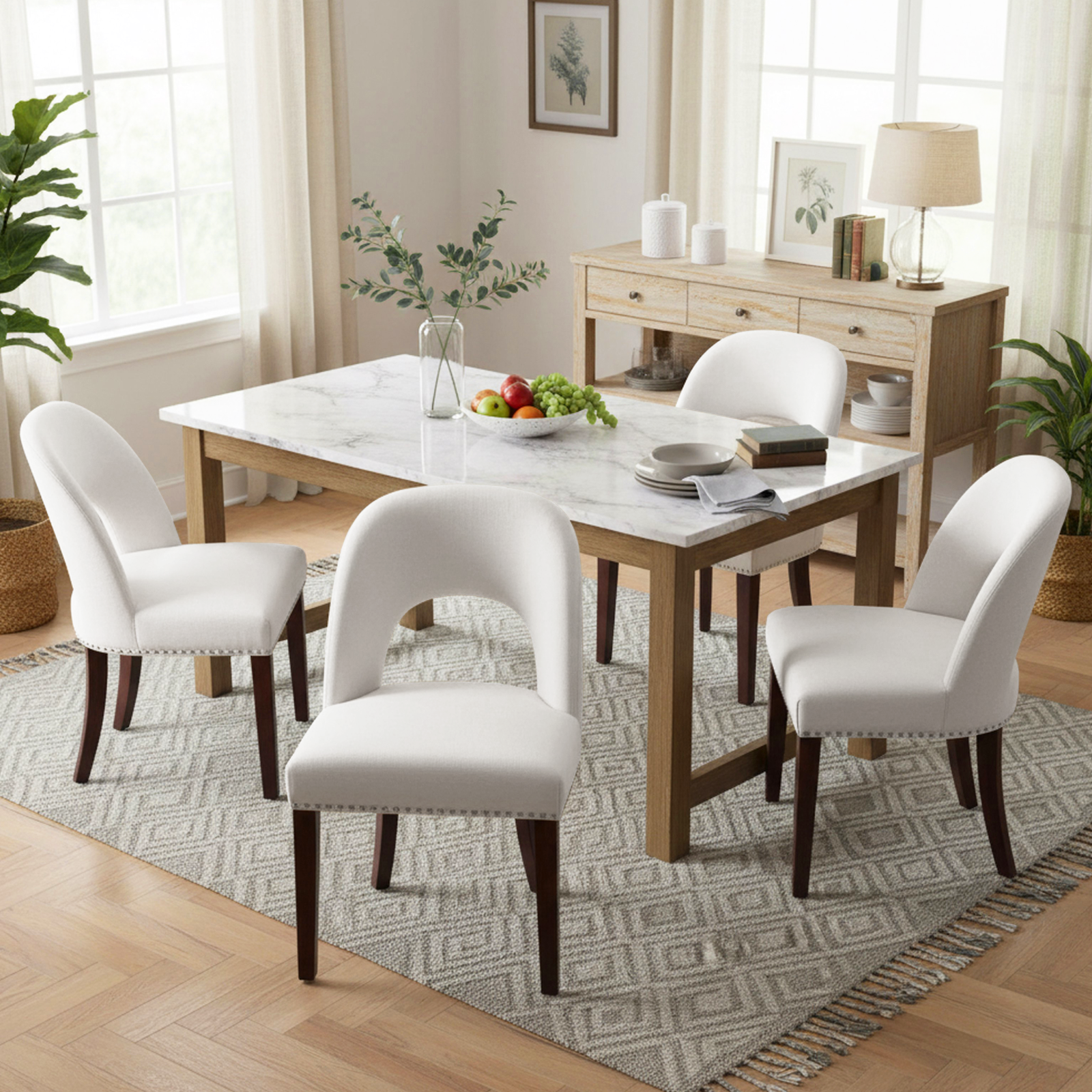 Drlovely Farmhouse Hollow Back Dining Chairs with Nailhead Trim & Rubberwood Legs