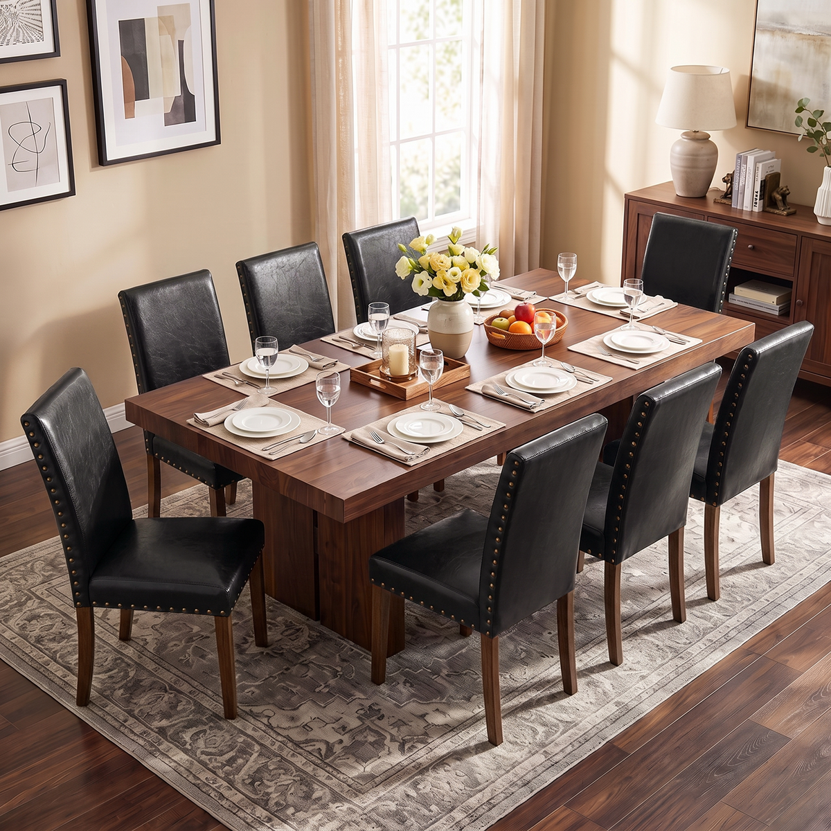 Drlovely Modern High-Back PU Leather Dining Chairs with Nailhead Trim & Walnut Legs