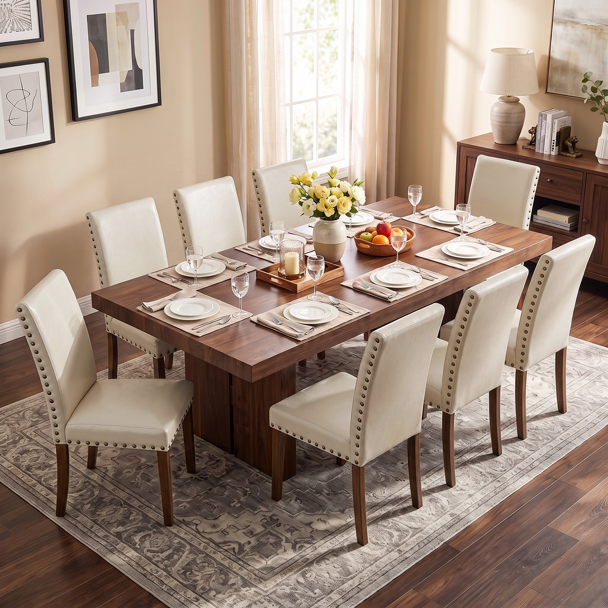Drlovely Modern High-Back PU Leather Dining Chairs with Nailhead Trim & Walnut Legs