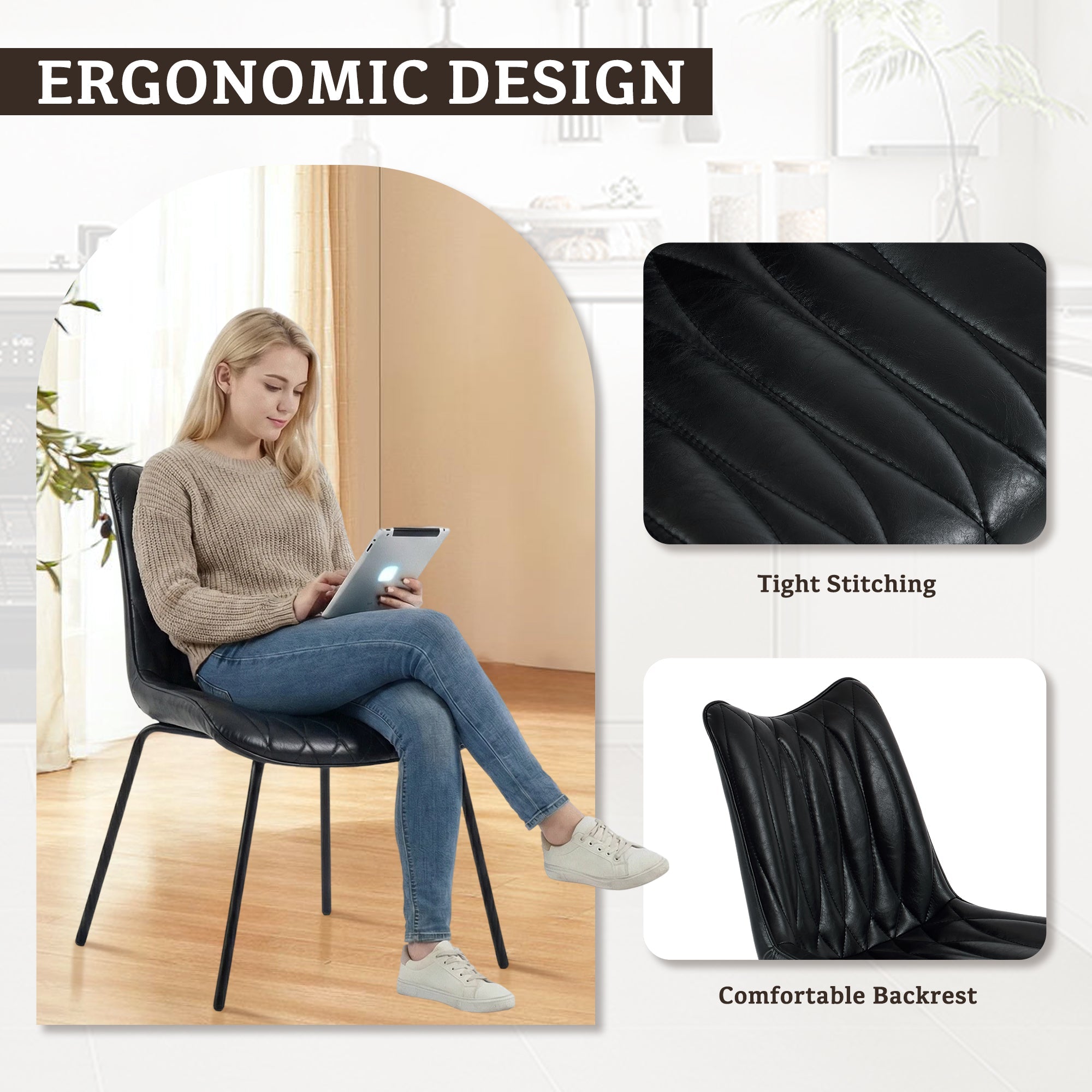 Drlovely Modern PU Leather Dining Chair with Black Iron Legs & Ergonomic Backrest