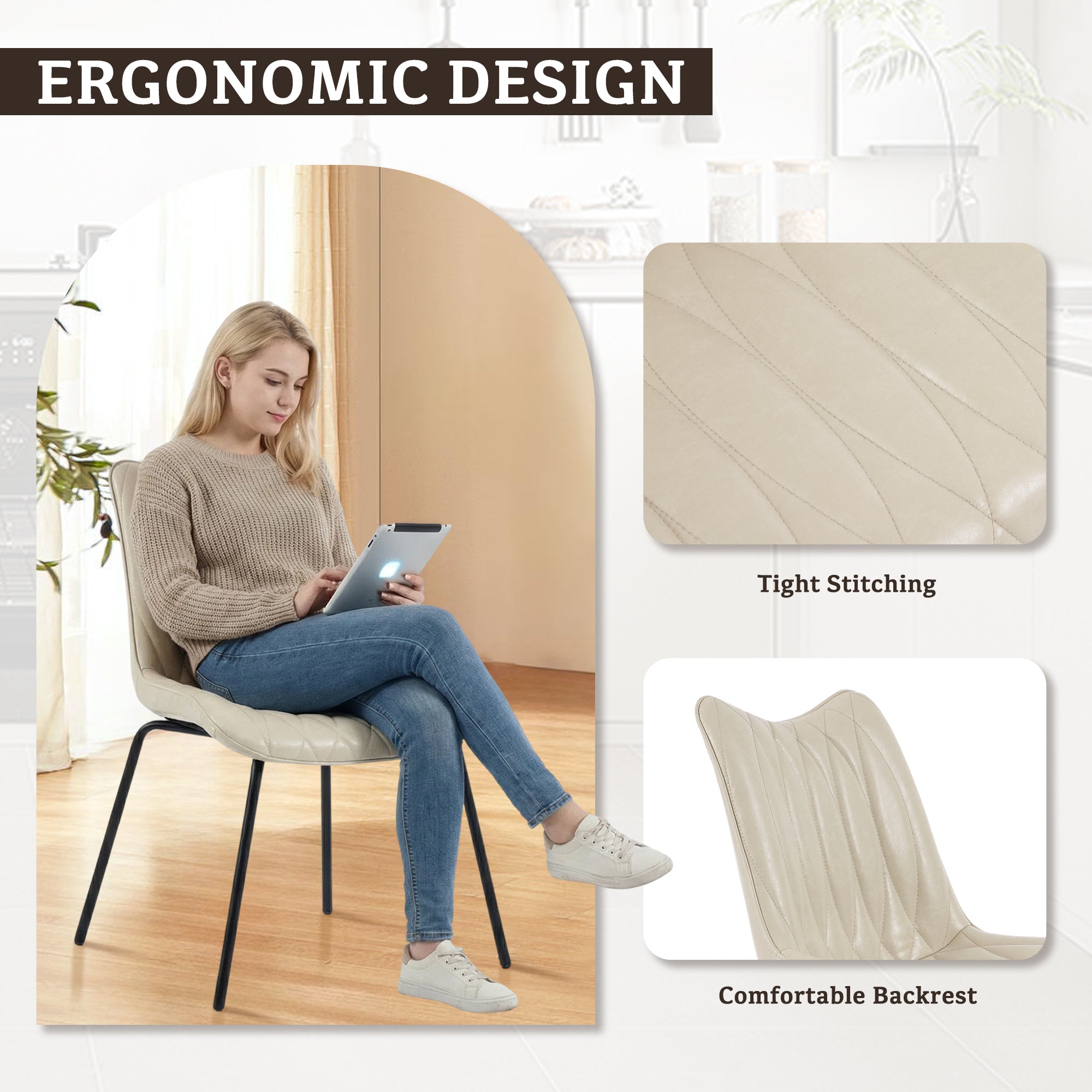 Drlovely Modern PU Leather Dining Chair with Black Iron Legs & Ergonomic Backrest