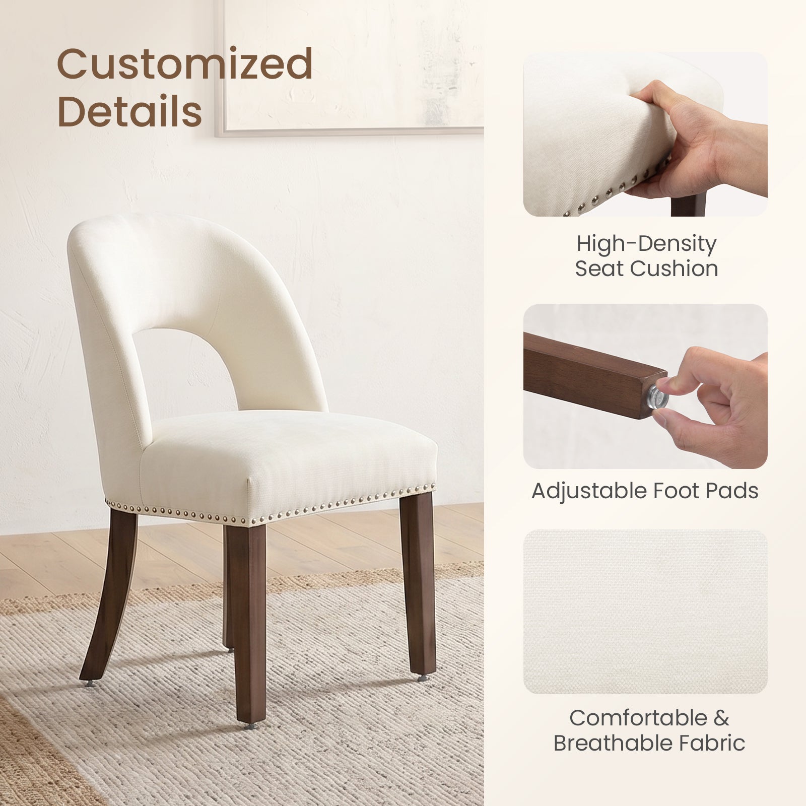 Drlovely Farmhouse Hollow Back Dining Chairs with Nailhead Trim & Rubberwood Legs
