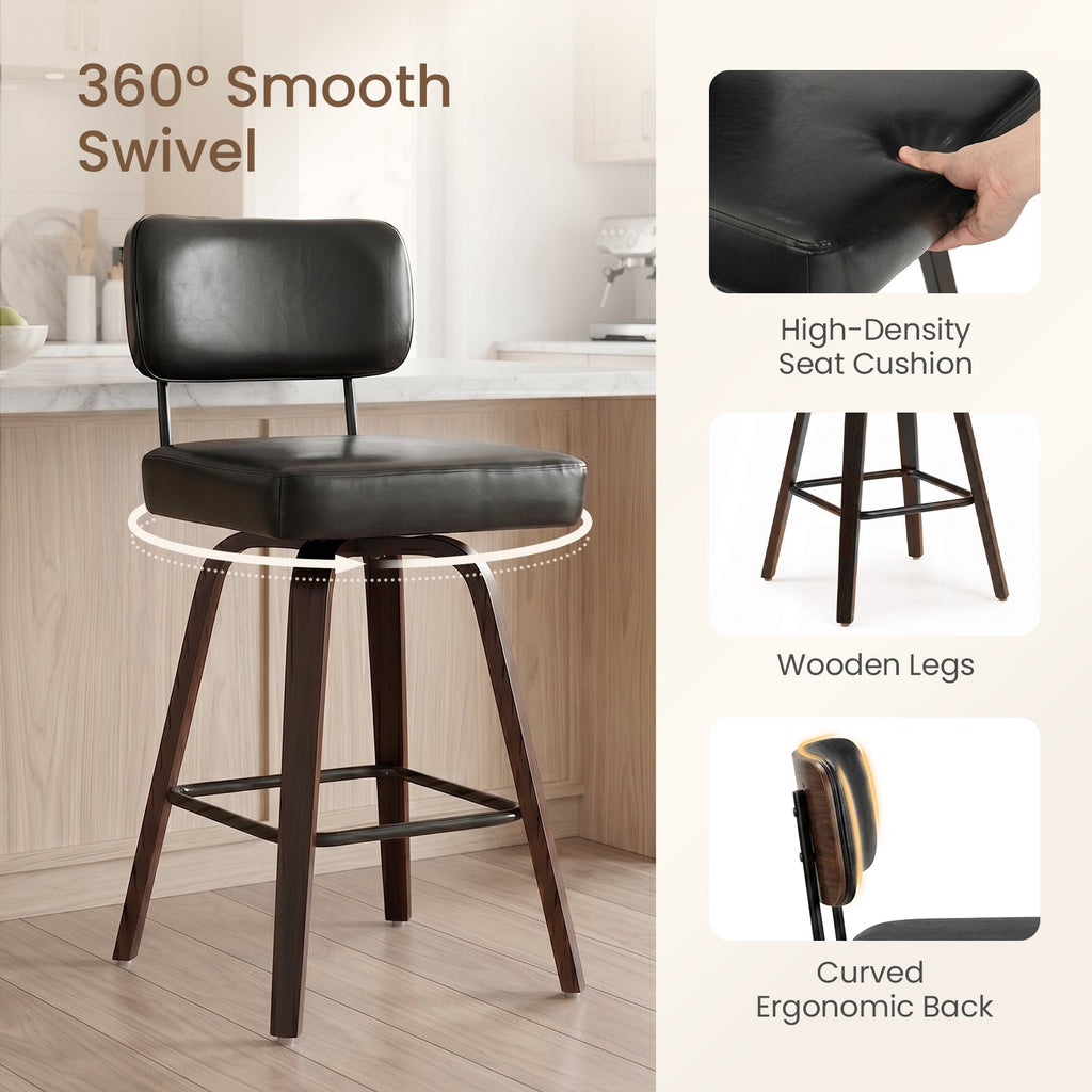 Drlovely Modern PU Swivel Bar Stools with Solid Wood Legs & Ergonomic Backrest