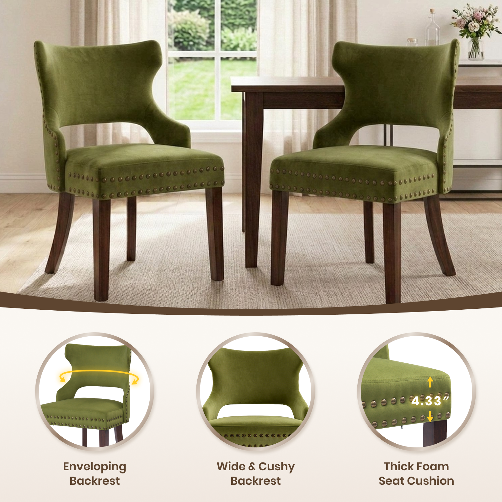 Drlovely Mid-Century Modern Upholstered Dining Chairs with Rubberwood Legs & Nailhead Trim