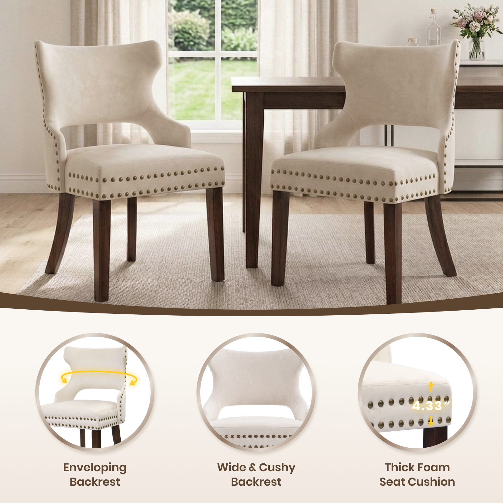 Drlovely Mid-Century Modern Upholstered Dining Chairs with Rubberwood Legs & Nailhead Trim