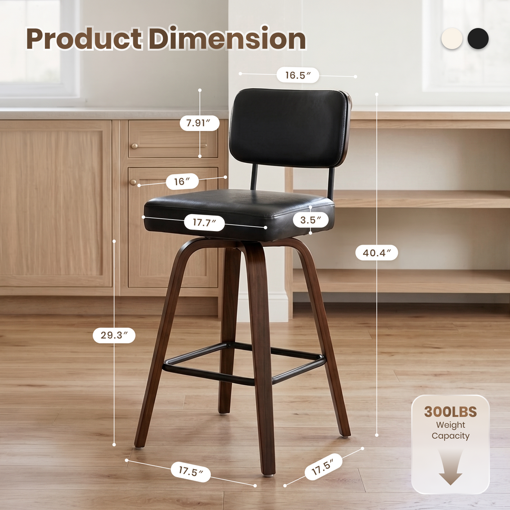 Drlovely Modern PU Swivel Bar Stools with Solid Wood Legs & Ergonomic Backrest