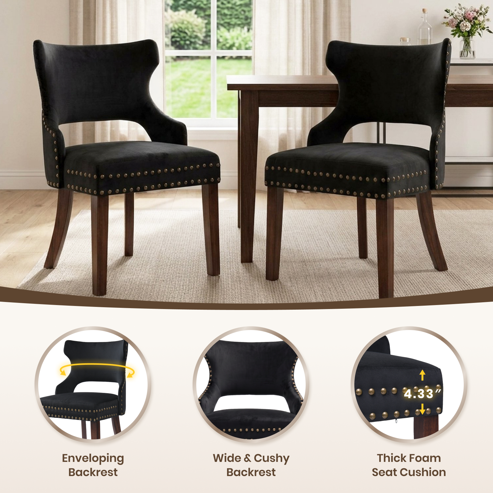 Drlovely Mid-Century Modern Upholstered Dining Chairs with Rubberwood Legs & Nailhead Trim