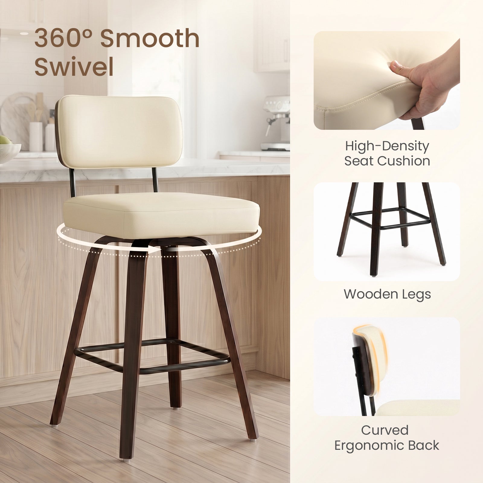 Drlovely Modern PU Swivel Bar Stools with Solid Wood Legs & Ergonomic Backrest
