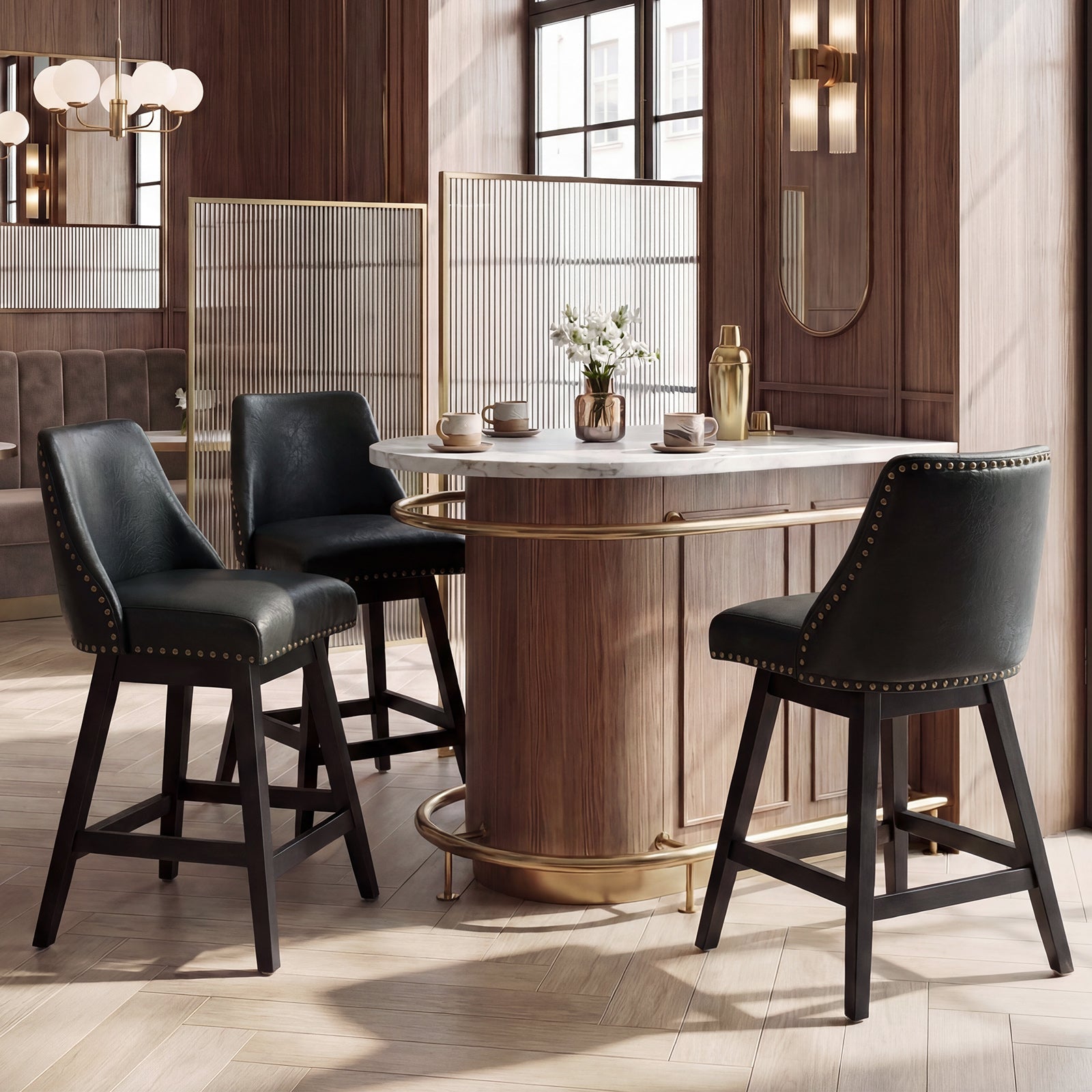 Drlovely Modern 360° Swivel Bar Stools with Faux Leather Upholstery